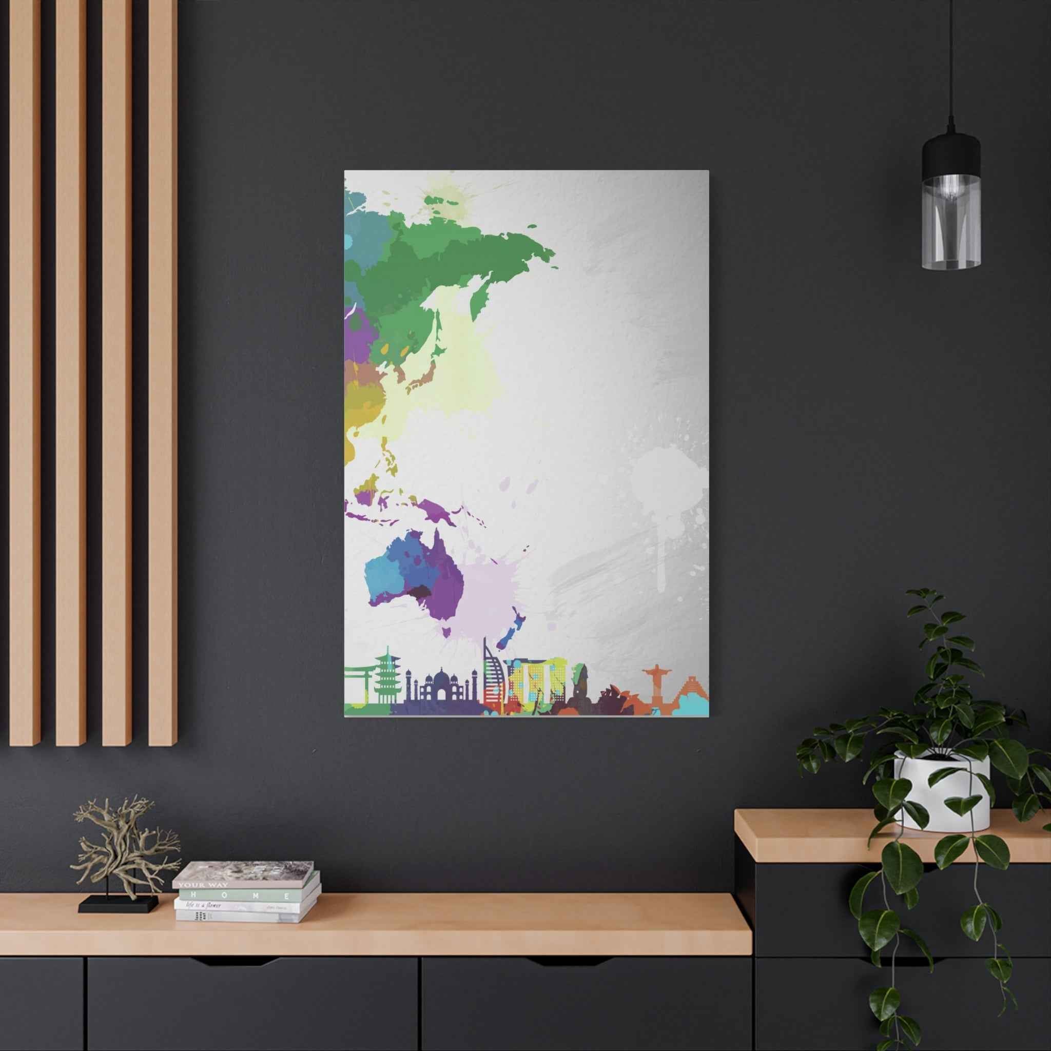 World Map Silhouette Wall Art – Vibrant Travel Skyline Canvas Decoration - TheKaraHan