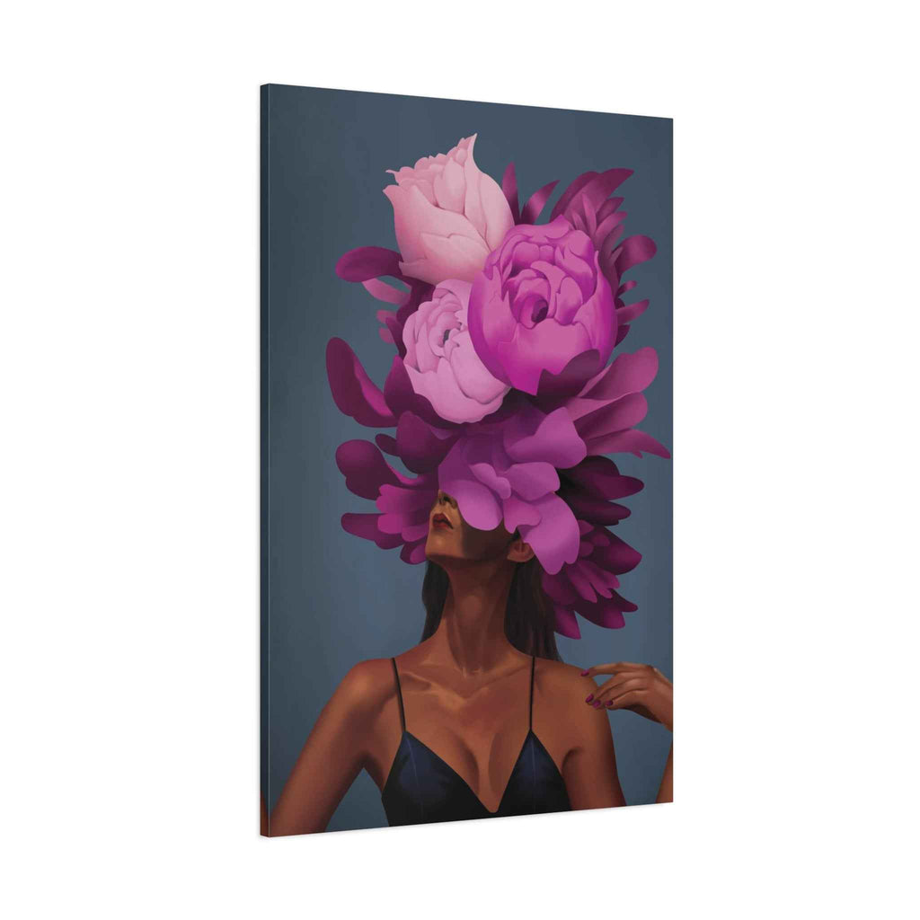 Floral Portrait Canvas Print — Woman with Oversized Pink Peony Hat (Matte Stretched) - TheKaraHan