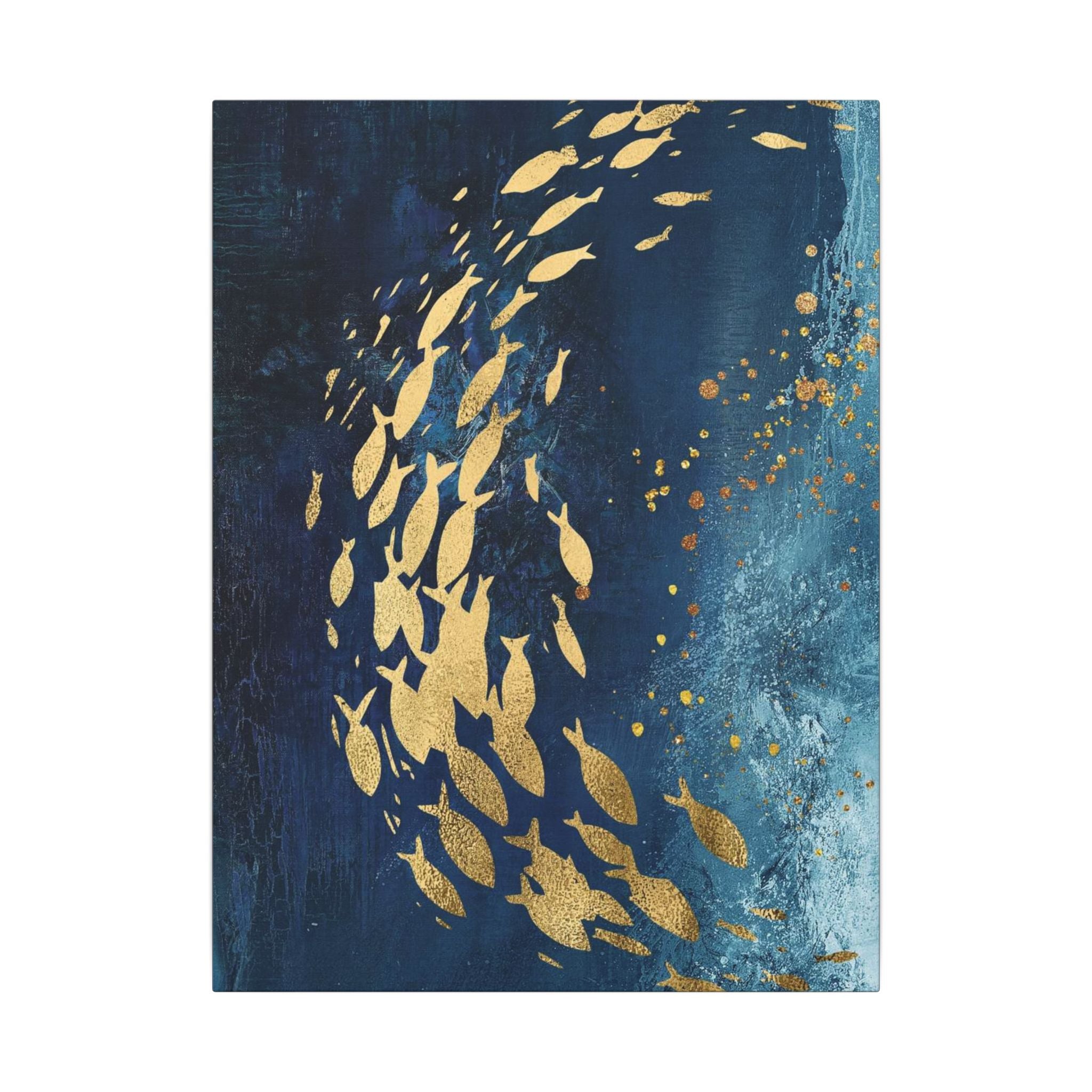 Abstract Gold Fish Canvas — Navy Ocean Wall Art (Matte Stretched) 