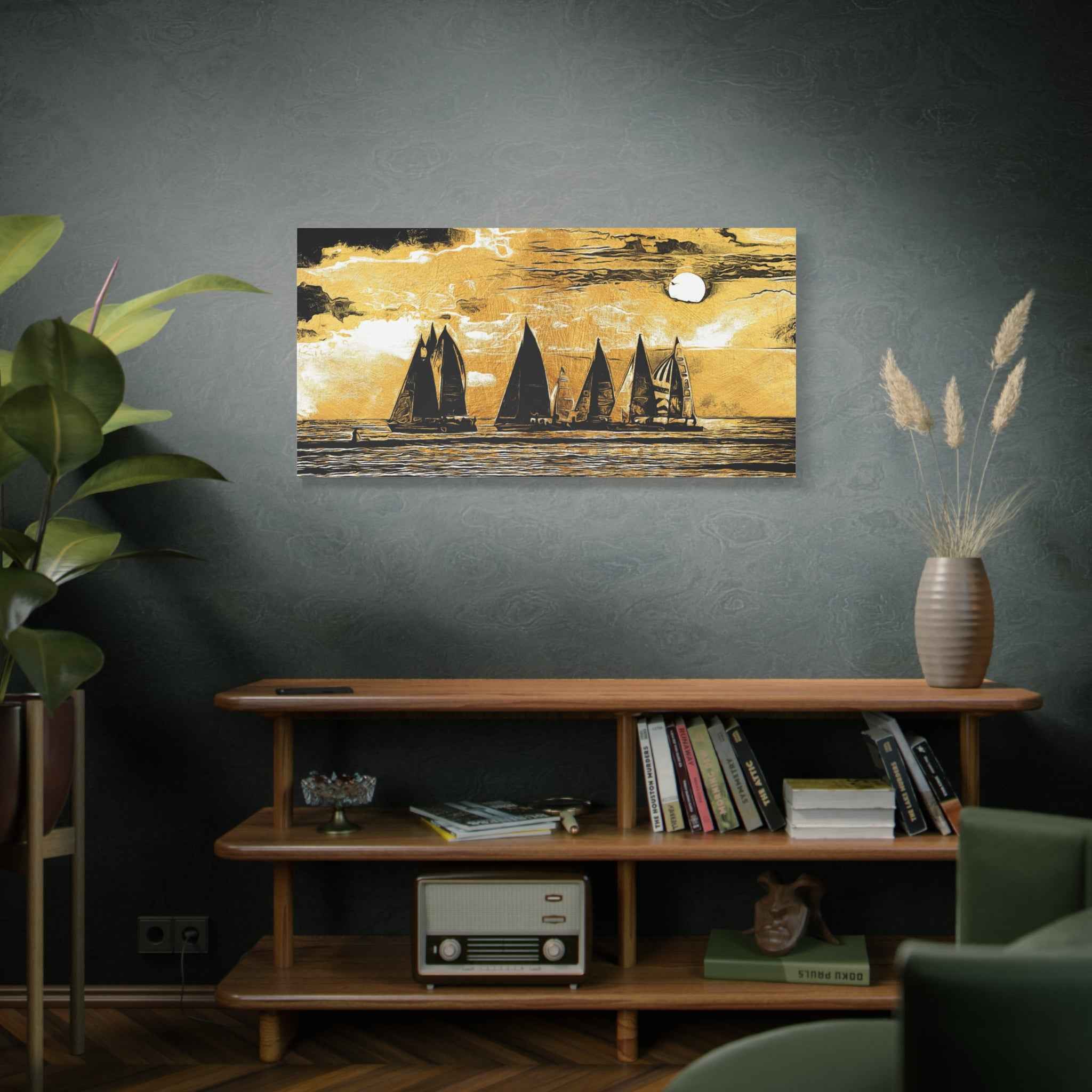 Golden Sailboat Wall Art Canvas – Vintage Ocean Landscape Luxury Nautical Artwork