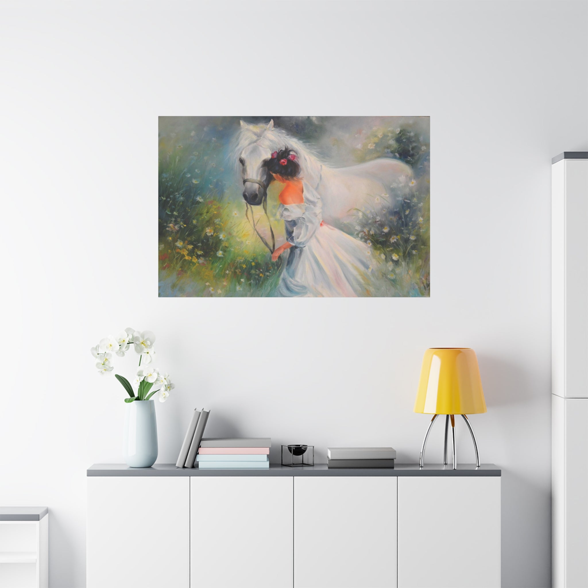 Romantic Girl with White Horse Matte Canvas Wall Art