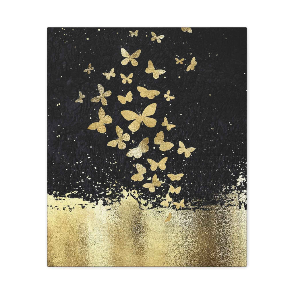 Canvas Art - Gold Butterflies Canvas Art on Black Abstract Matte Stretched Canvas - TheKaraHan