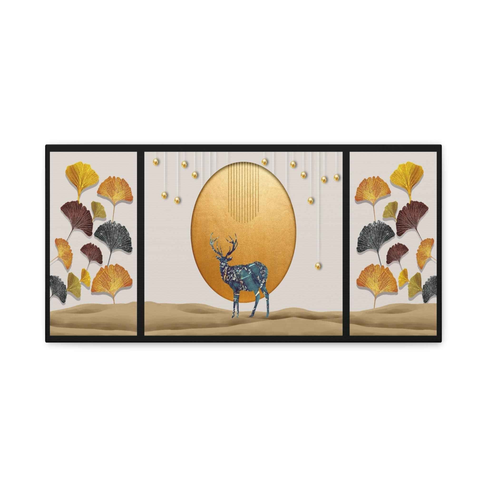 Golden Deer Wall Art – Luxury Ginkgo Leaves Canvas Print
