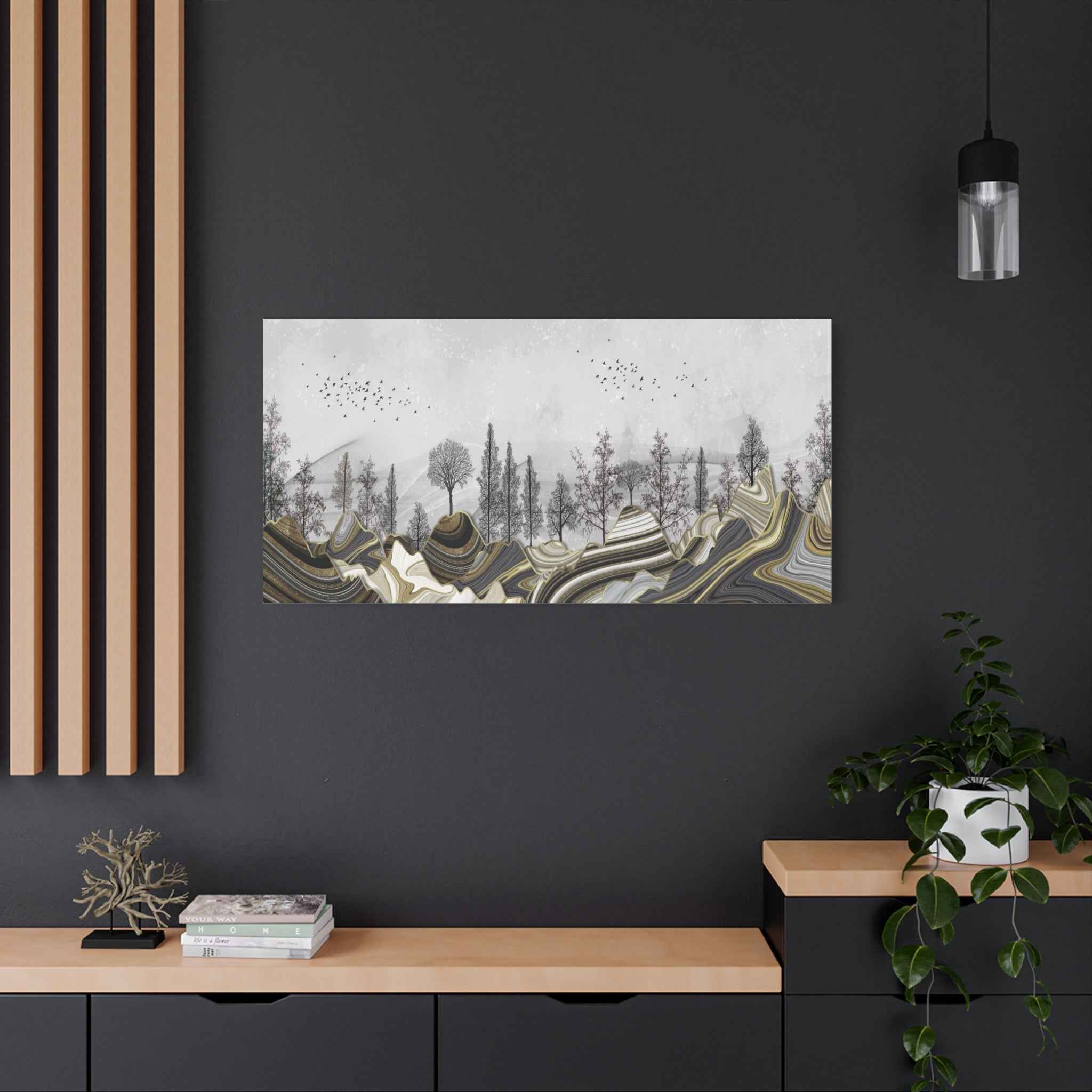 Abstract Gold Landscape Wall Art Canvas – Modern Mountain & Forest Luxury Artwork