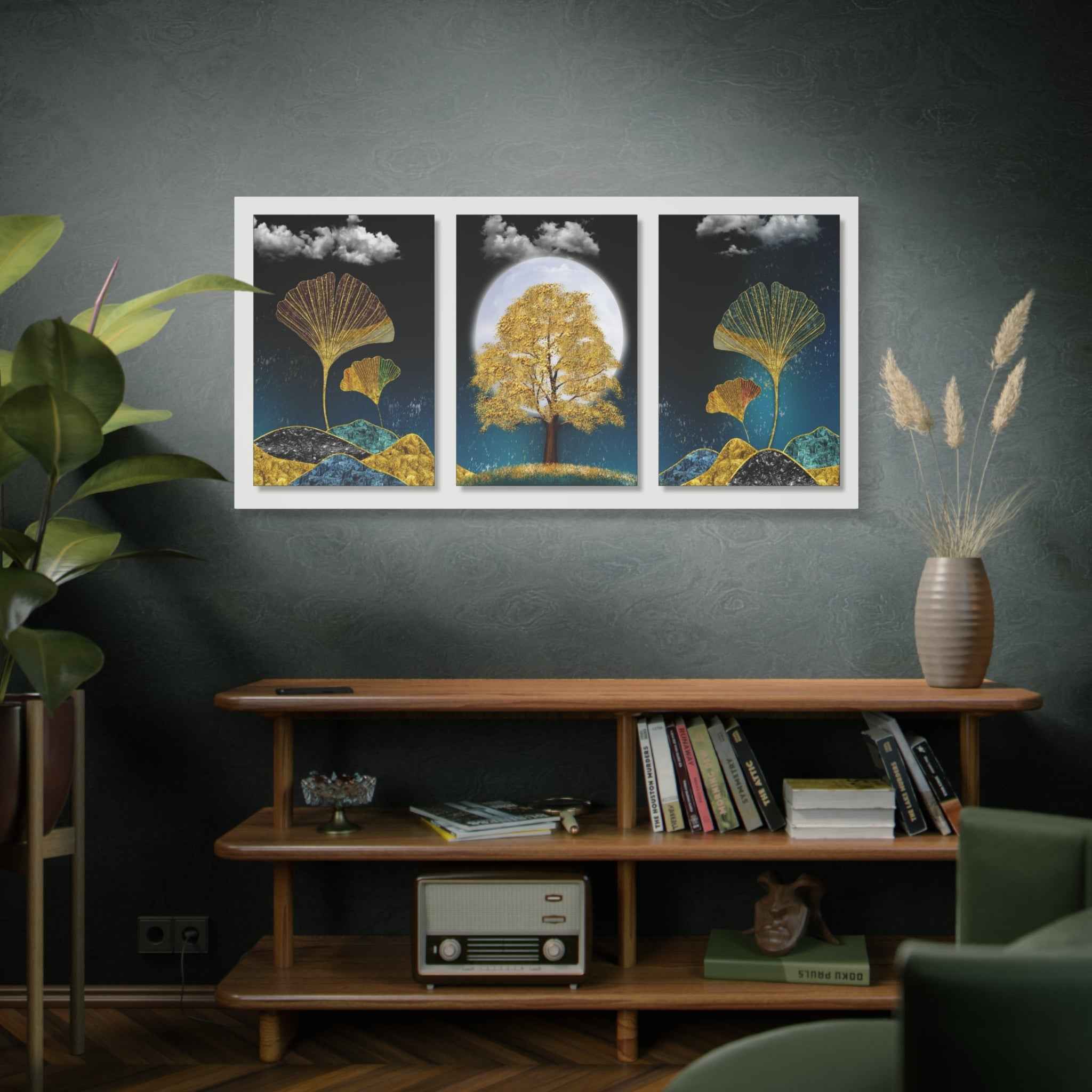 Golden Ginkgo Leaf Triptych Canvas Wall Art – Botanical Wall Decor