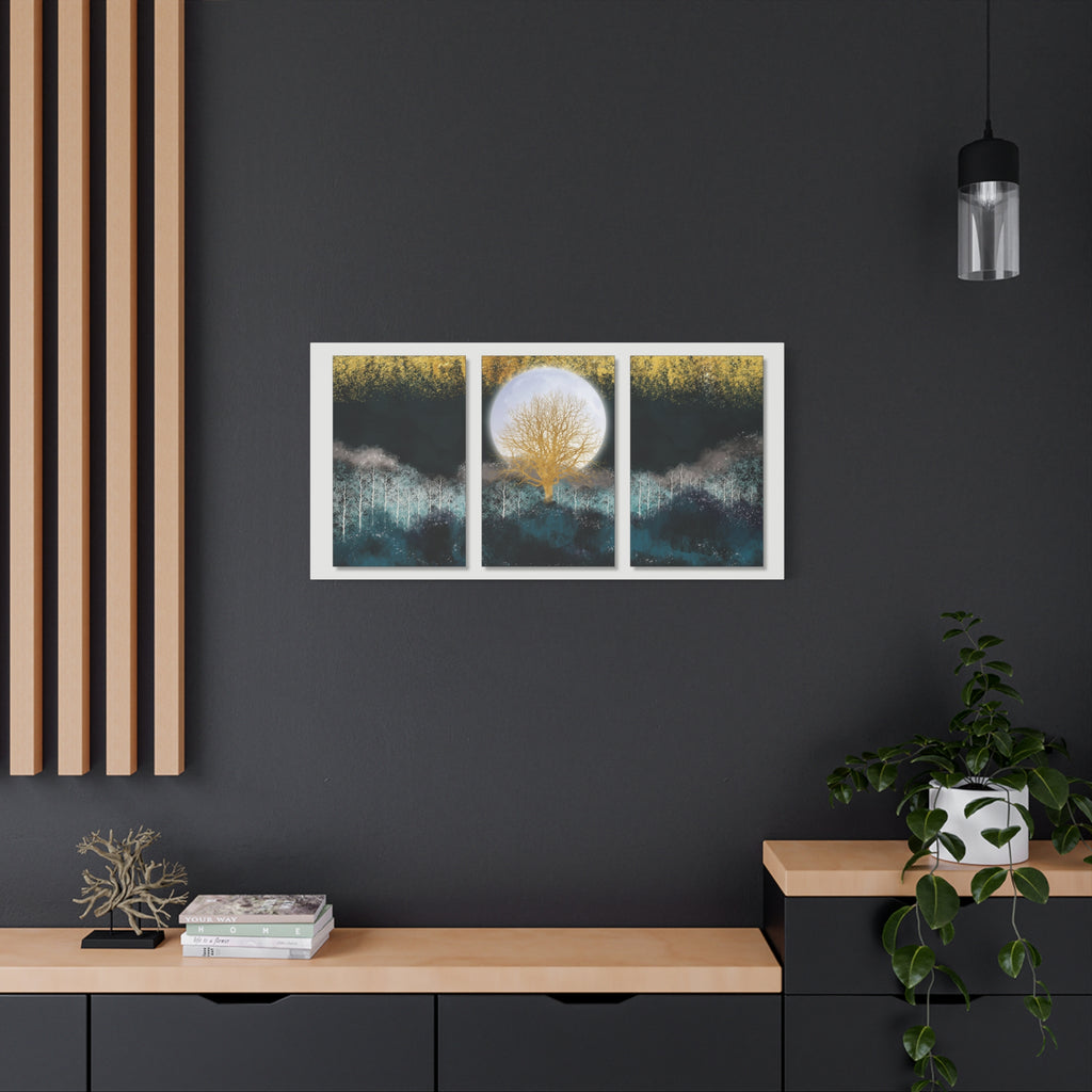 Golden Moon Tree Canvas Print Triptych Artwork - TheKaraHan