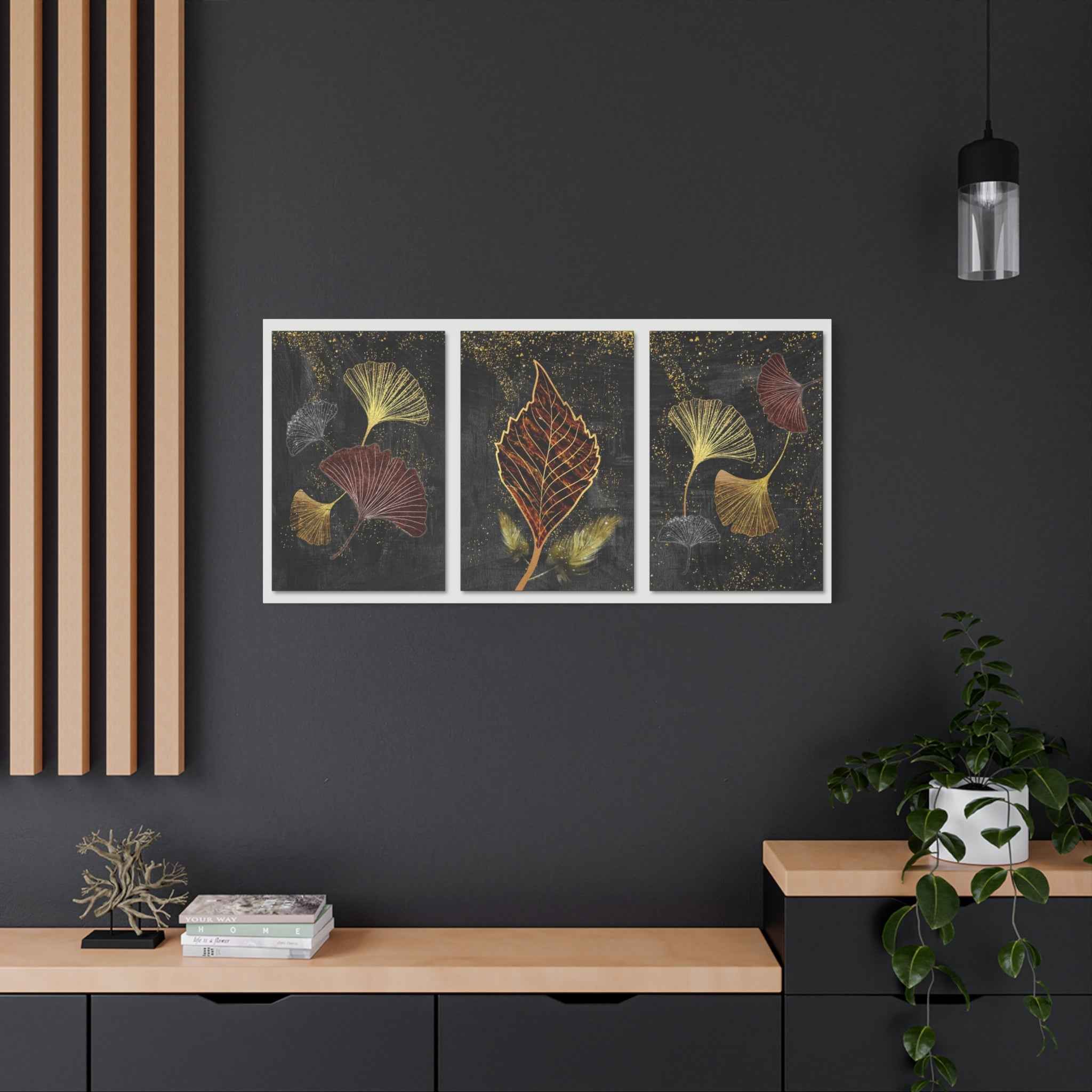 Gold Botanical Leaf Wall Art Canvas – Luxury Ginkgo Abstract Modern Decor