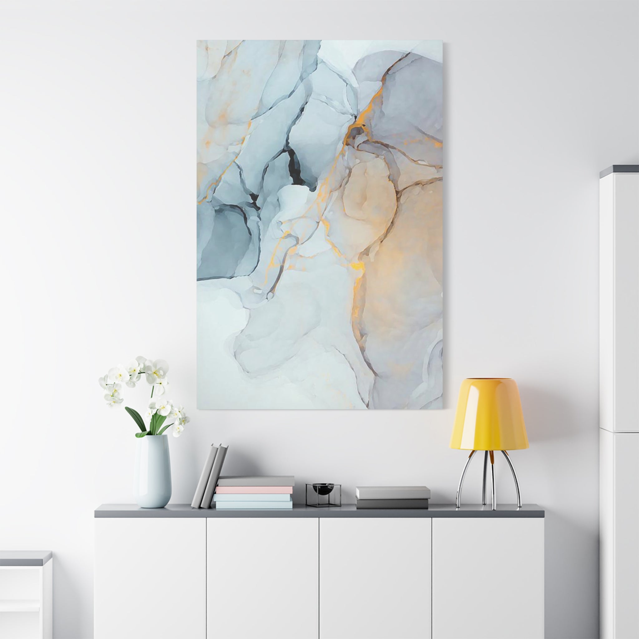 Abstract Marble Canvas Wall Art – Soft Gray & Gold Matte Stretched Canvas (1.25\") 