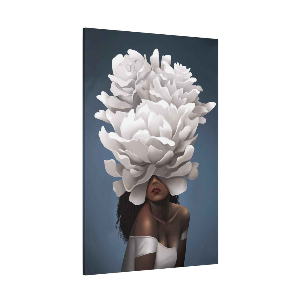 Floral Veil Canvas Wall Art — Elegant Woman with Oversized White Peony - TheKaraHan