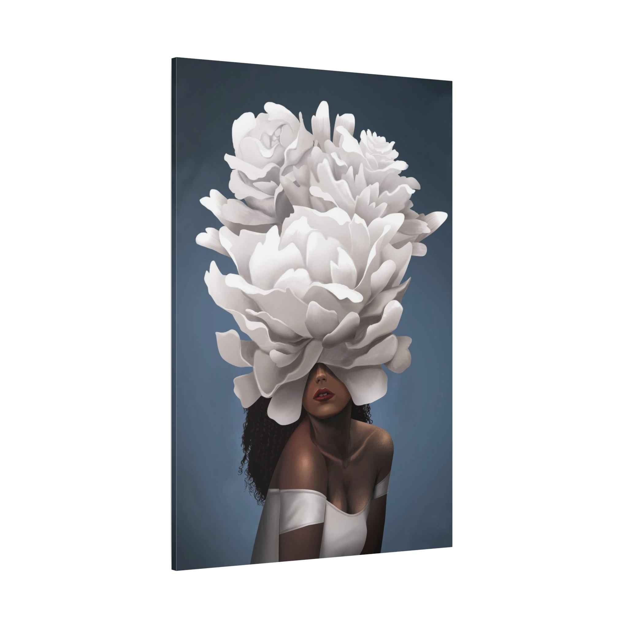 Floral Veil Canvas Wall Art — Elegant Woman with Oversized White Peony - TheKaraHan
