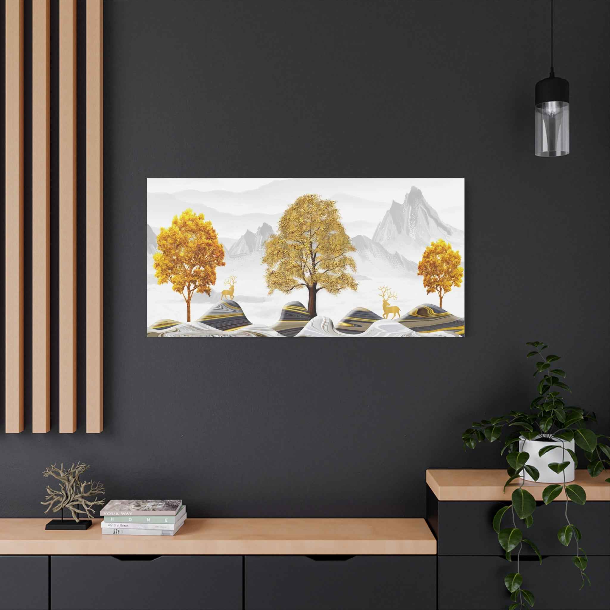 Golden Tree Landscape Canvas Wall Art – Minimalist Mountain Nature Print