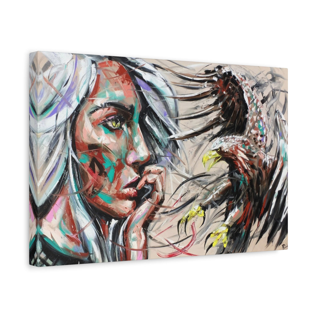 Abstract Woman & Eagle Matte Stretched Canvas Art — Contemporary Tribal Portrait Wall Decor 