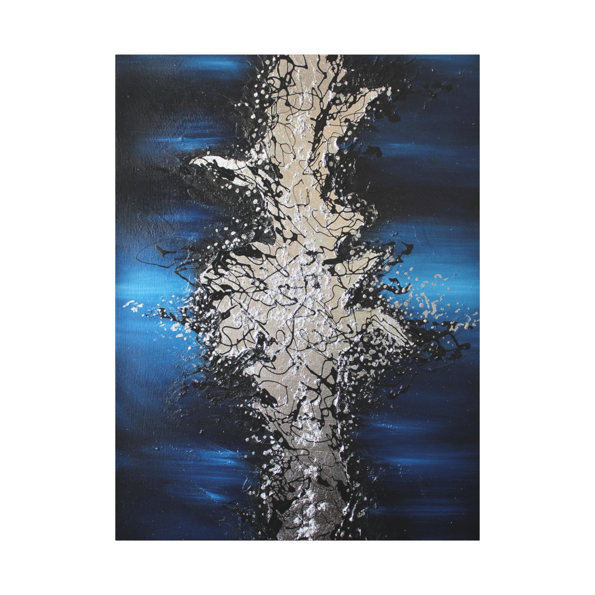 Abstract Oceanic Burst Canvas Print — Blue & Silver Matte Stretched Wall Art 