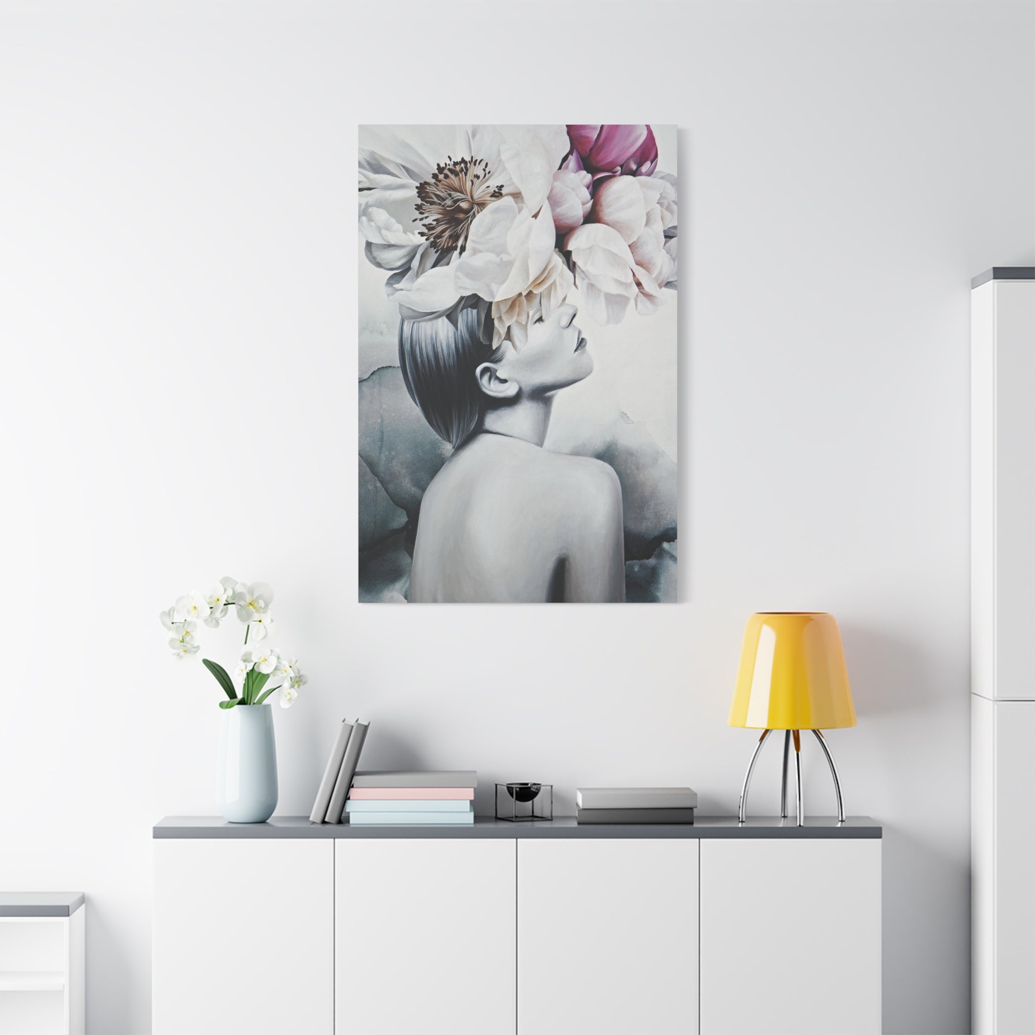 Floral Dreamscape Matte Canvas Print — Elegant Woman with Peonies Wall Art 