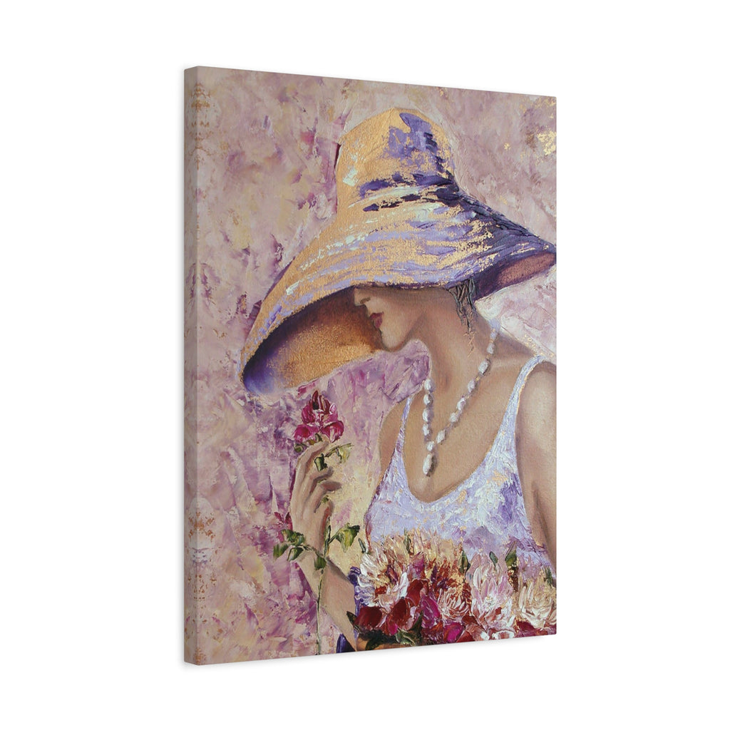 Floral Wall Art - Lady in Wide Brim Hat on Matte Stretched Canvas - TheKaraHan
