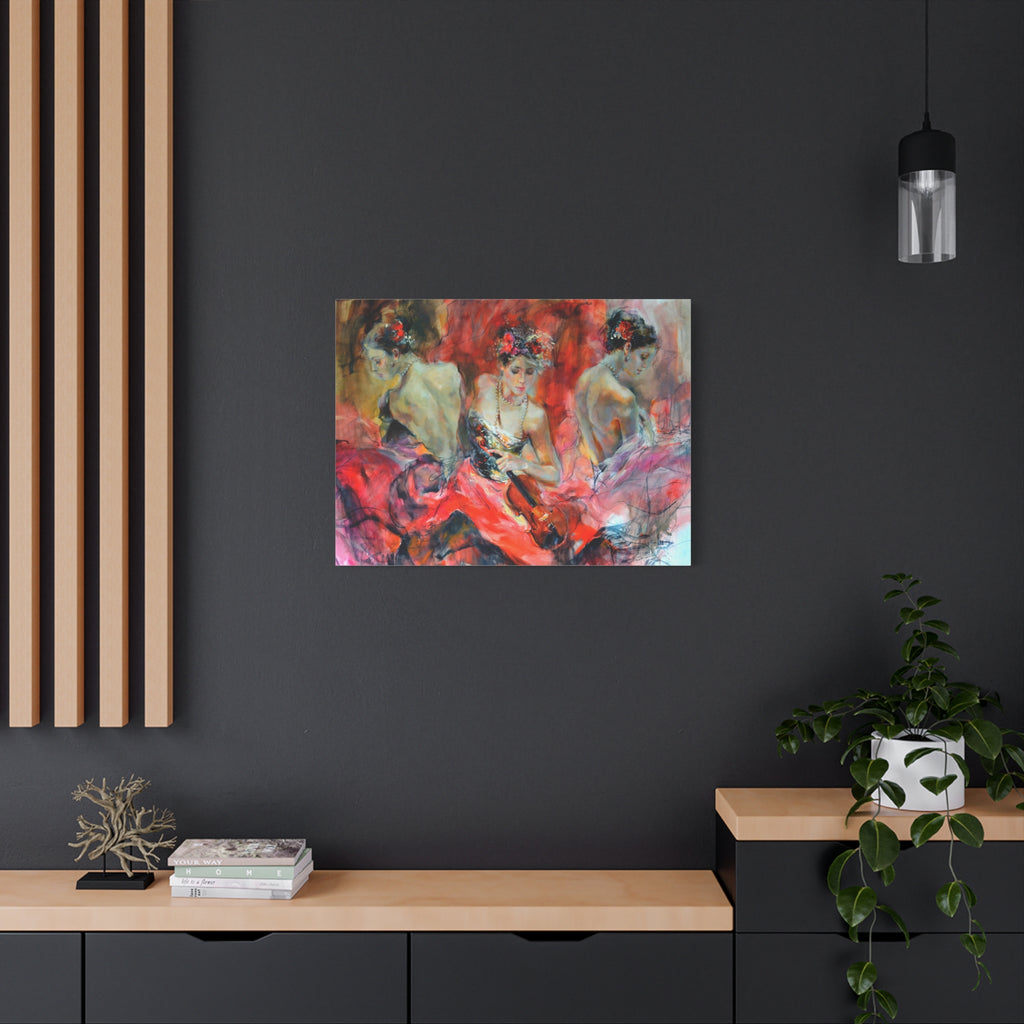 Flamenco Dancers Wall Art - Vibrant Red Ballet Trio Matte Canvas Painting - TheKaraHan