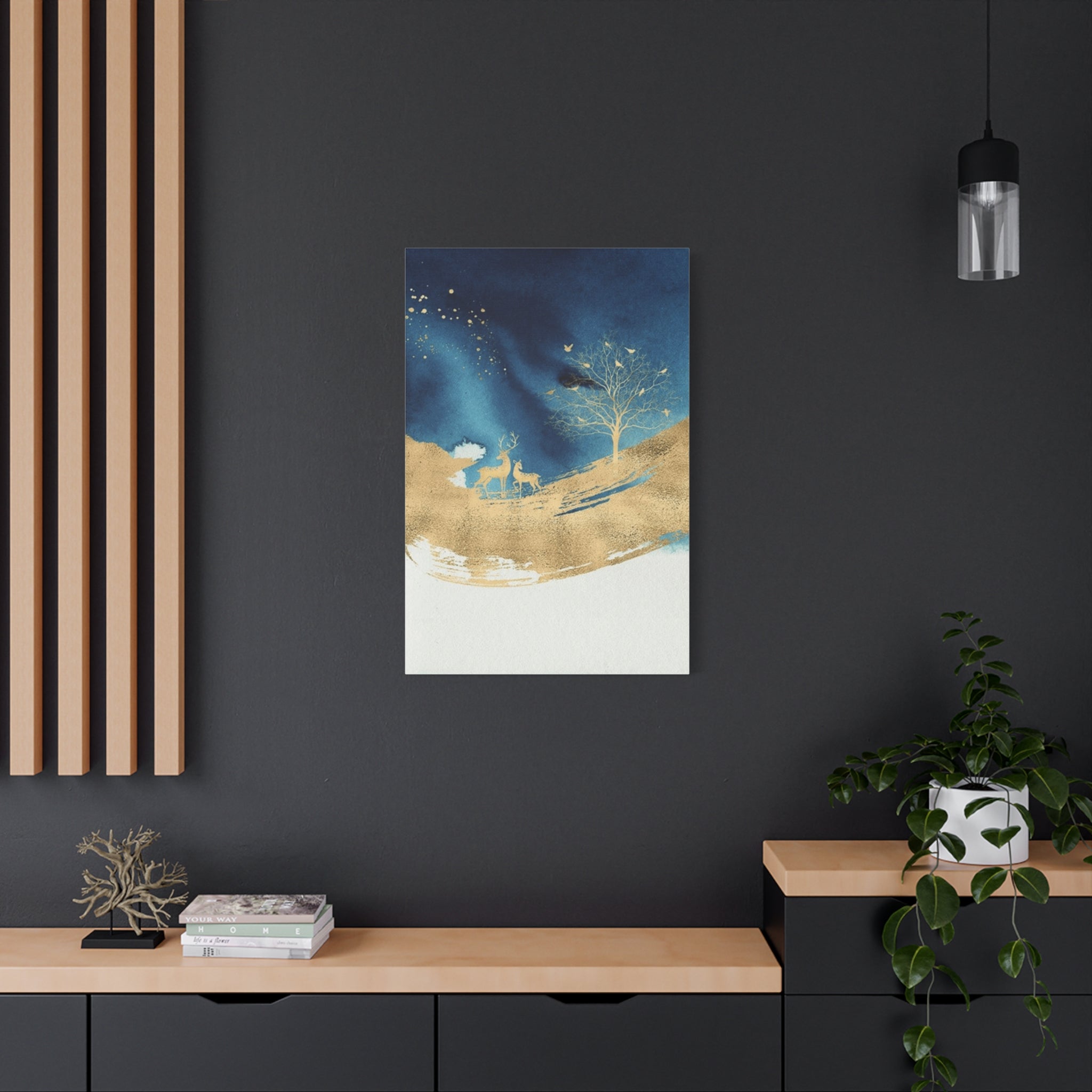 Gold & Navy Deer Landscape Canvas Art — Matte Stretched Wall Decor 