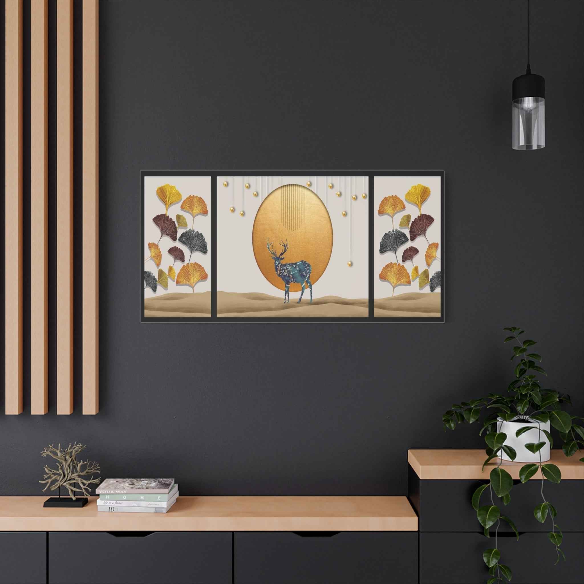 Golden Deer Wall Art – Luxury Ginkgo Leaves Canvas Print