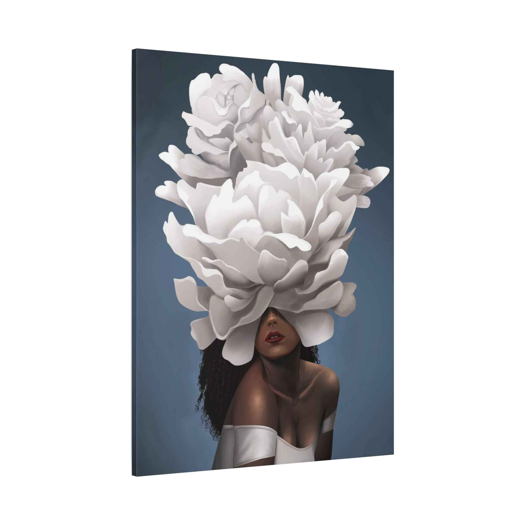 Floral Veil Canvas Wall Art — Elegant Woman with Oversized White Peony - TheKaraHan