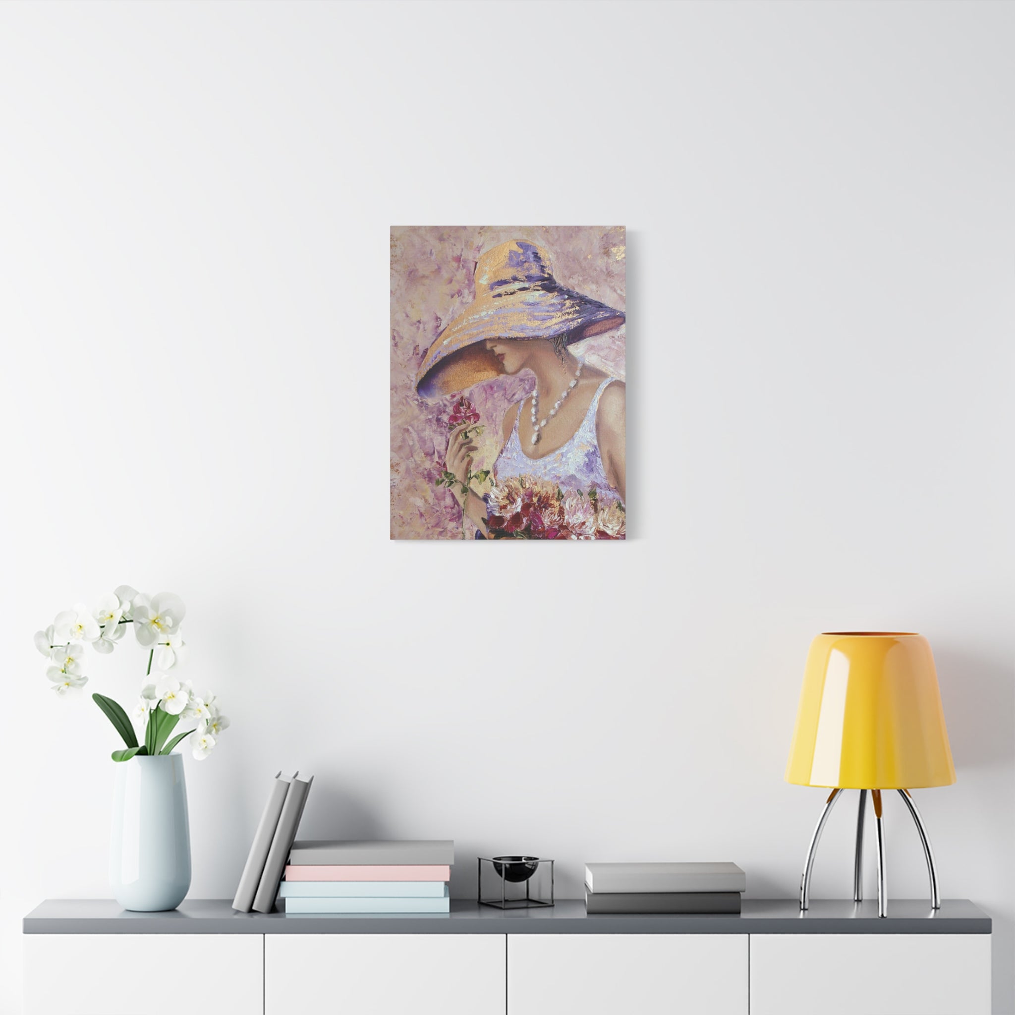 Floral Wall Art - Lady in Wide Brim Hat on Matte Stretched Canvas - TheKaraHan