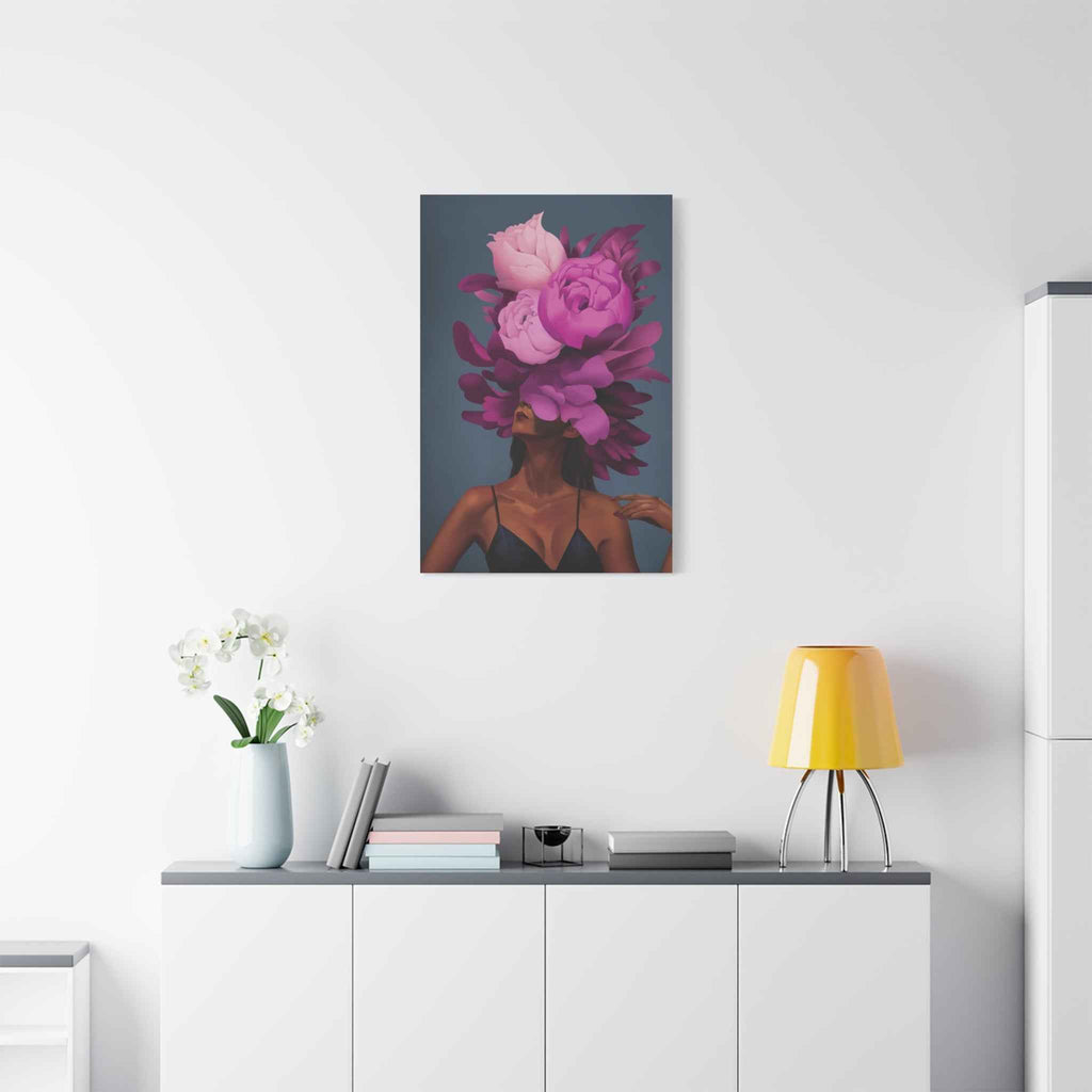 Floral Portrait Canvas Print — Woman with Oversized Pink Peony Hat (Matte Stretched) - TheKaraHan