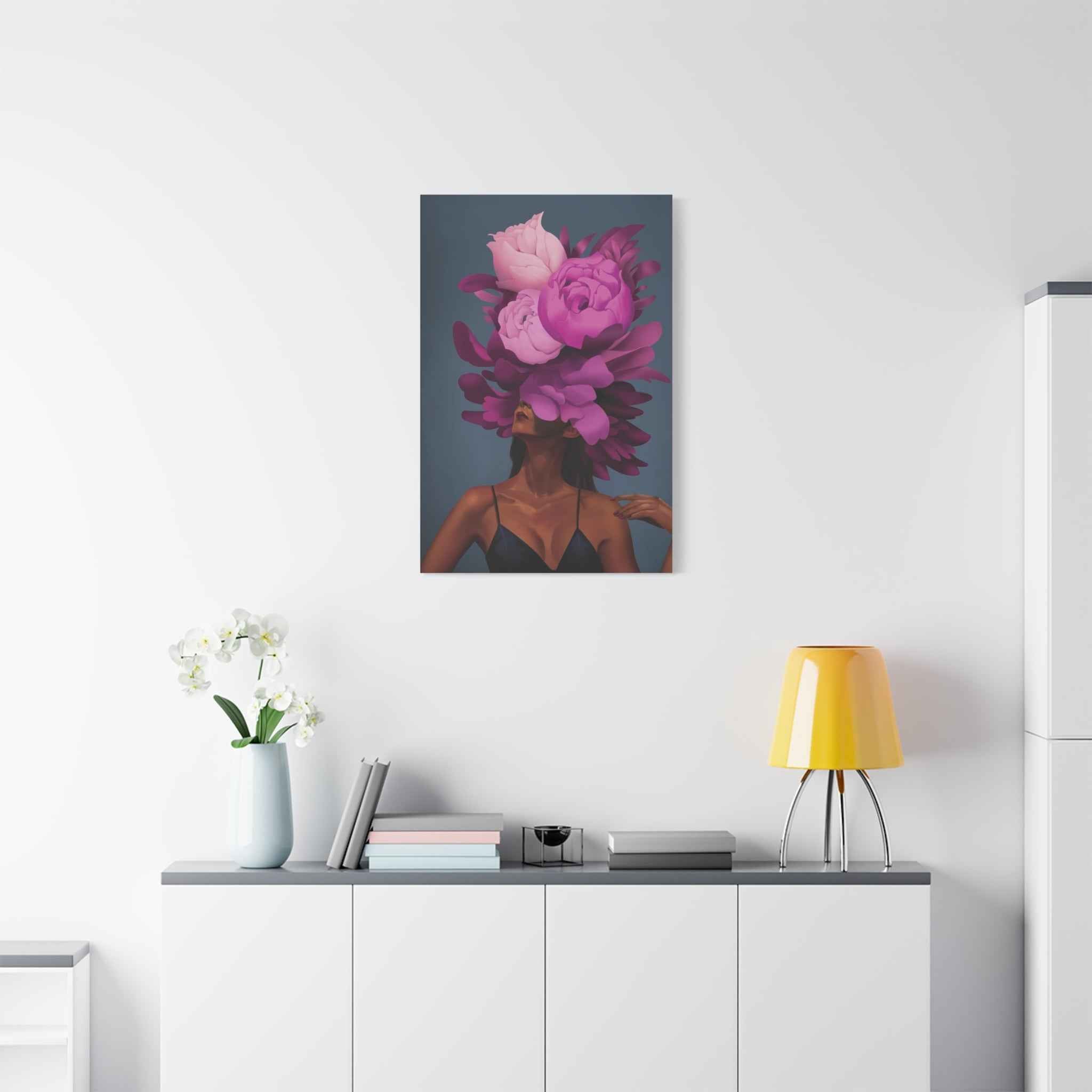 Floral Portrait Canvas Print — Woman with Oversized Pink Peony Hat (Matte Stretched) - TheKaraHan
