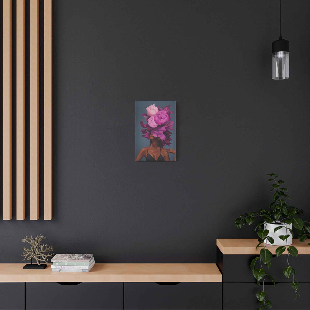 Floral Portrait Canvas Print — Woman with Oversized Pink Peony Hat (Matte Stretched) - TheKaraHan