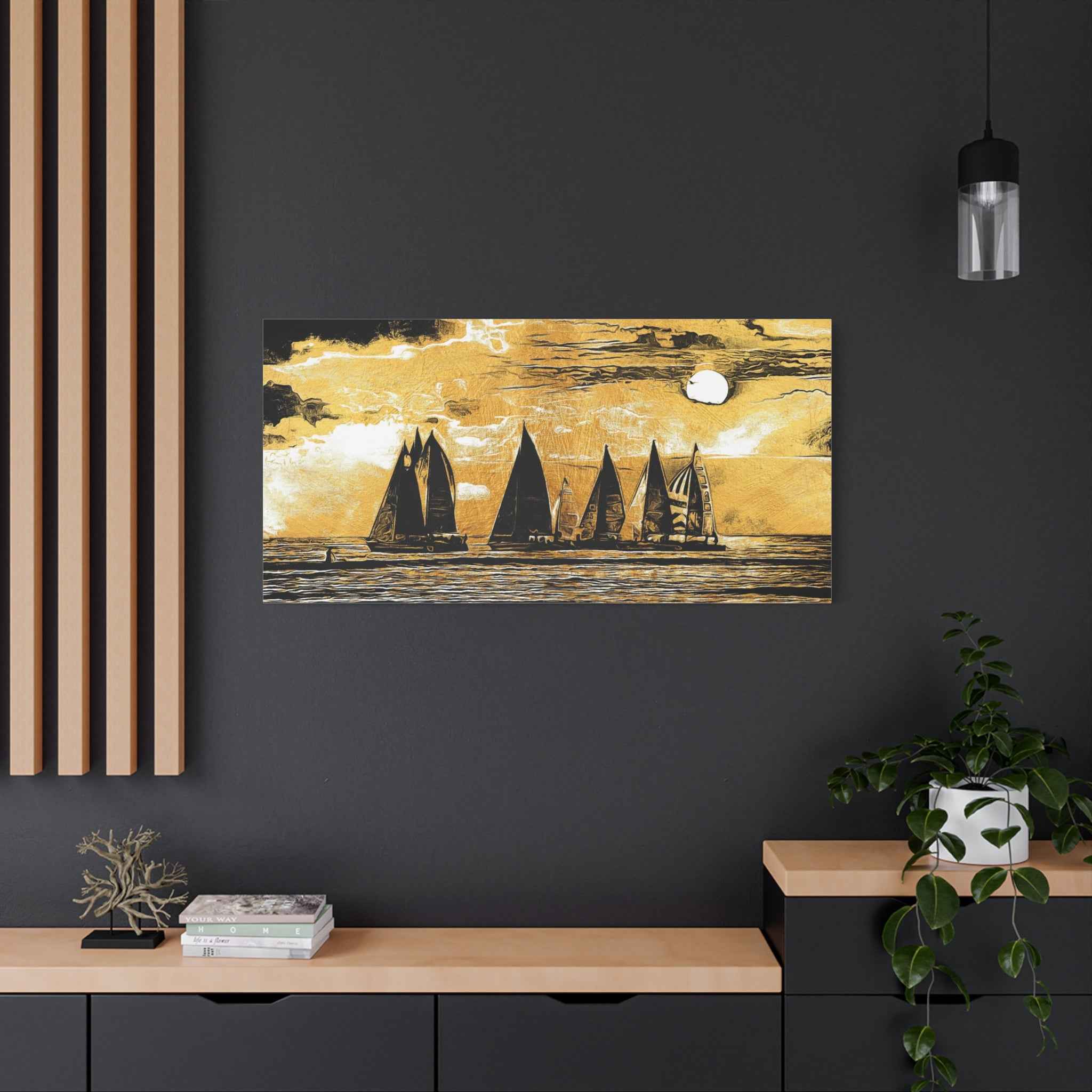 Golden Sailboat Wall Art Canvas – Vintage Ocean Landscape Luxury Nautical Artwork