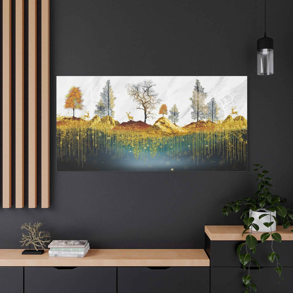 Golden Forest Landscape Deer Canvas Wall Art – Luxury Nature Decor