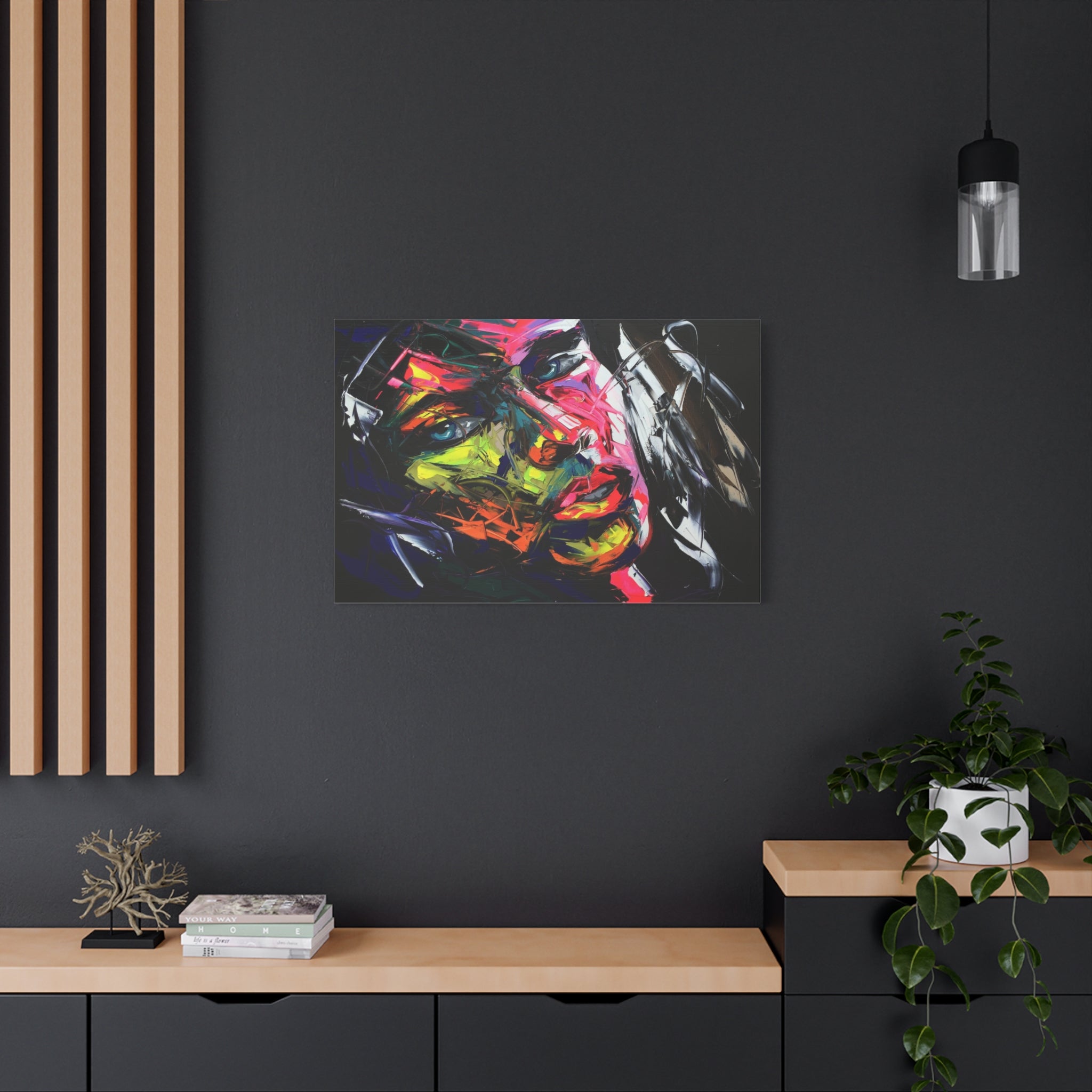 Abstract Neon Portrait Matte Canvas Wall Art — Colorful Woman Face Painting 