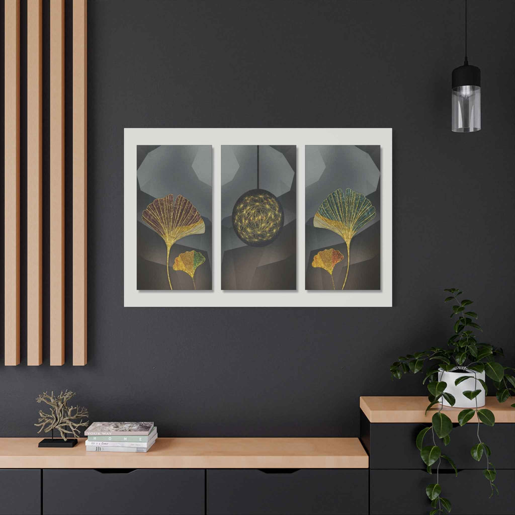 Gold Ginkgo Leaf Wall Art – Modern Botanical Triptych Canvas Decor