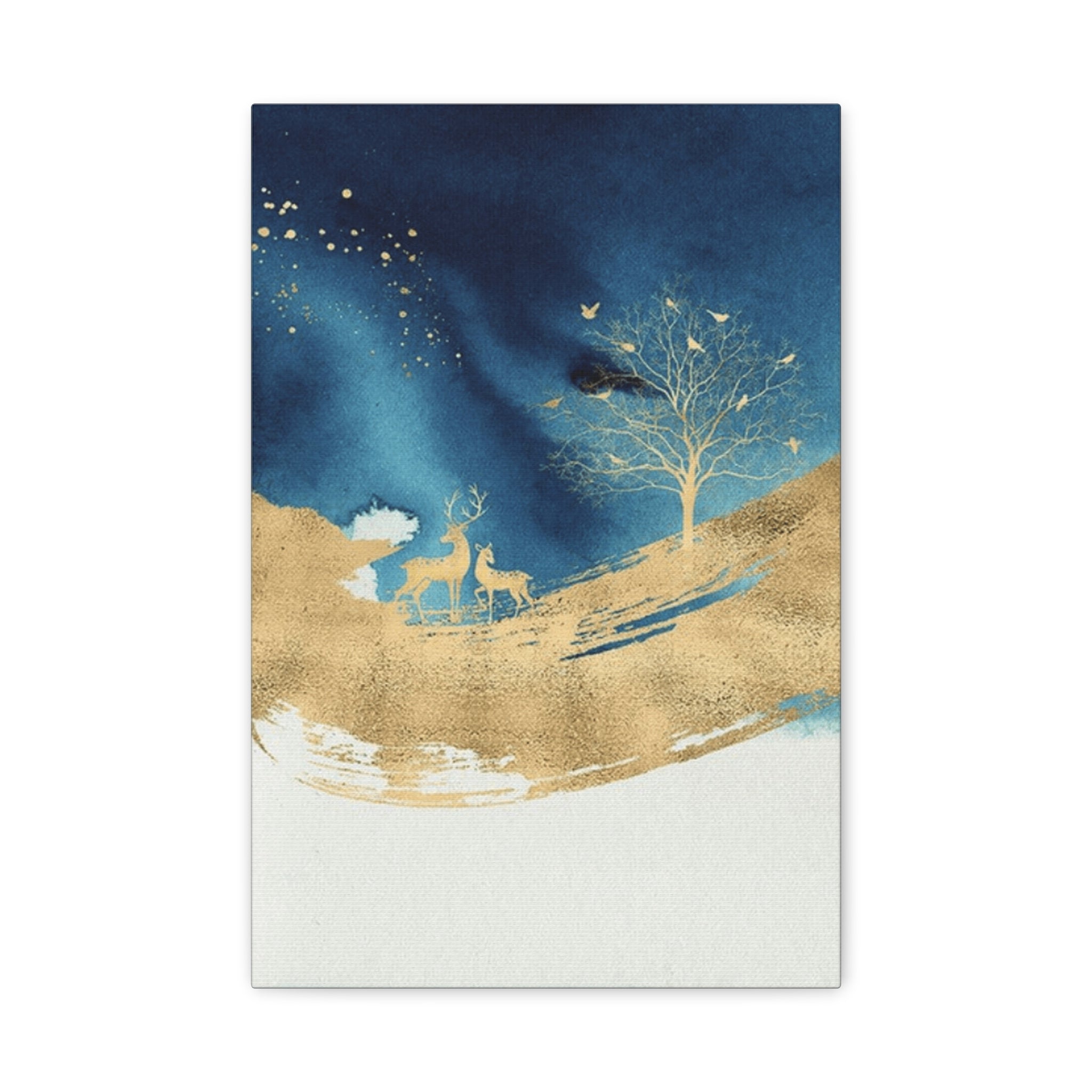 Gold & Navy Deer Landscape Canvas Art — Matte Stretched Wall Decor 