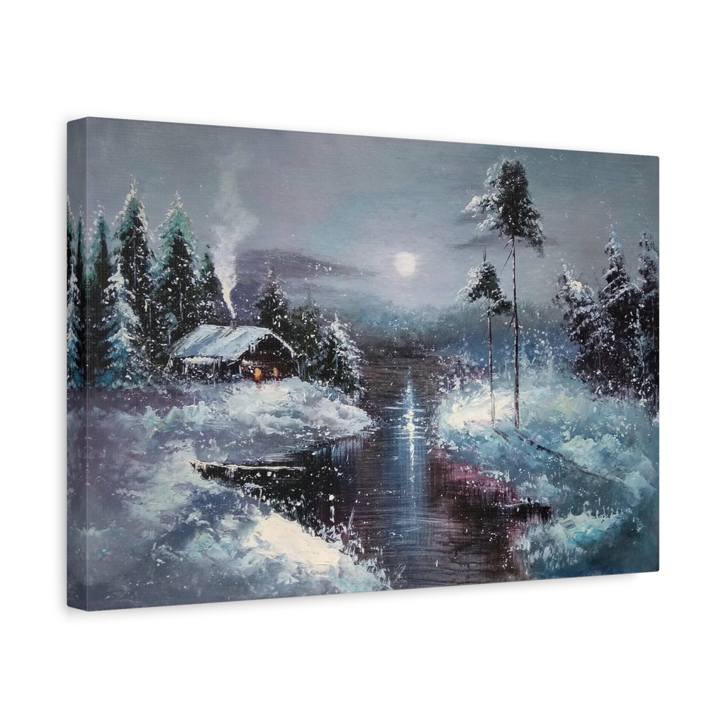 Winter Moonlit Lake Canvas Wall Art — Cozy Snowy Cabin Landscape 