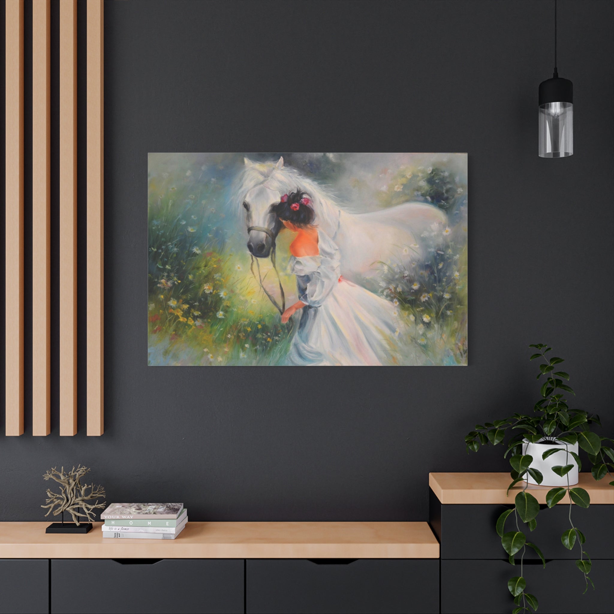 Romantic Girl with White Horse Matte Canvas Wall Art