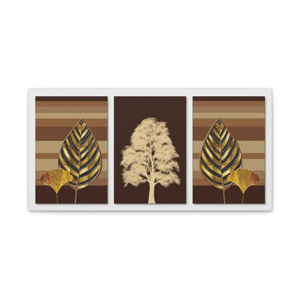 Golden Botanical Leaf Triptych Canvas Wall Art – Luxury Nature Decor