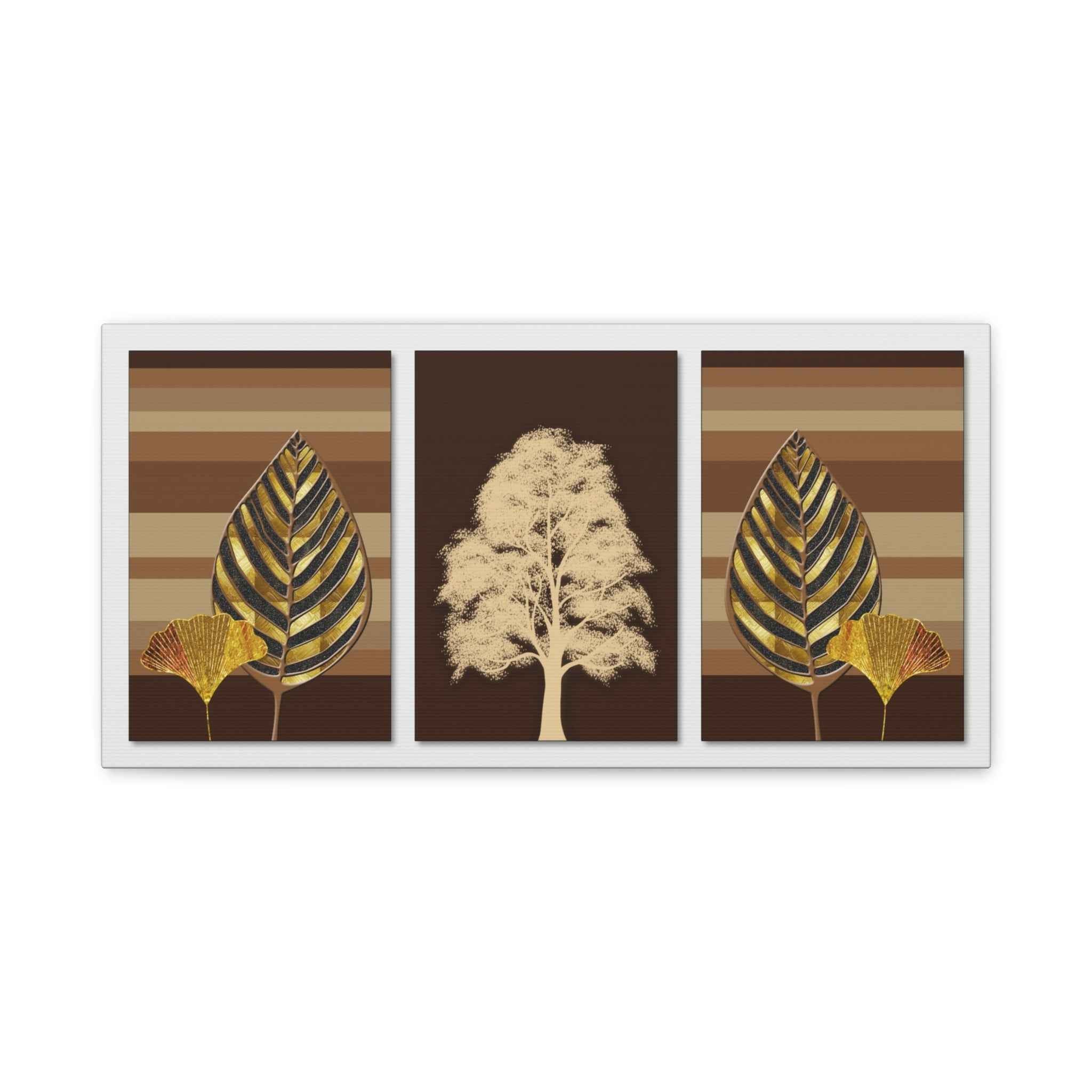 Golden Botanical Leaf Triptych Canvas Wall Art – Luxury Nature Decor