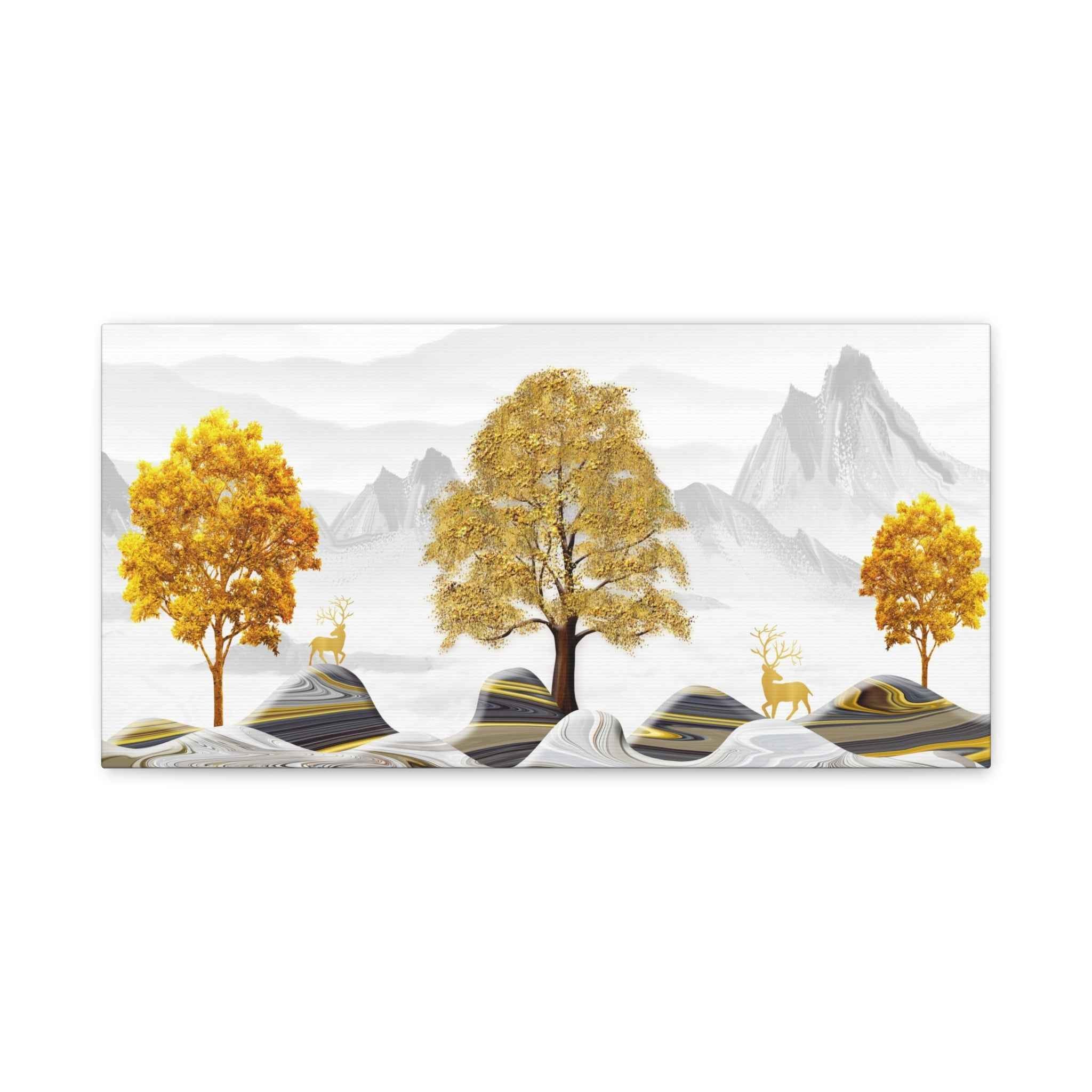 Golden Tree Landscape Canvas Wall Art – Minimalist Mountain Nature Print