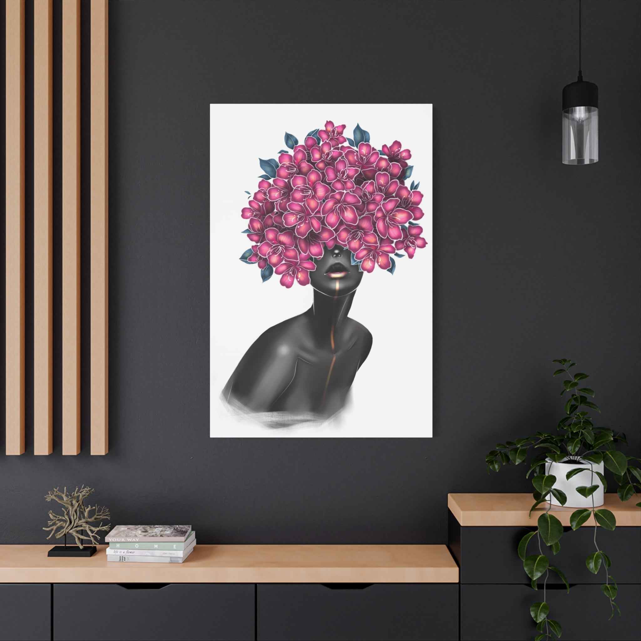 Pink Floral Woman Wall Art, Abstract Black Woman Portrait