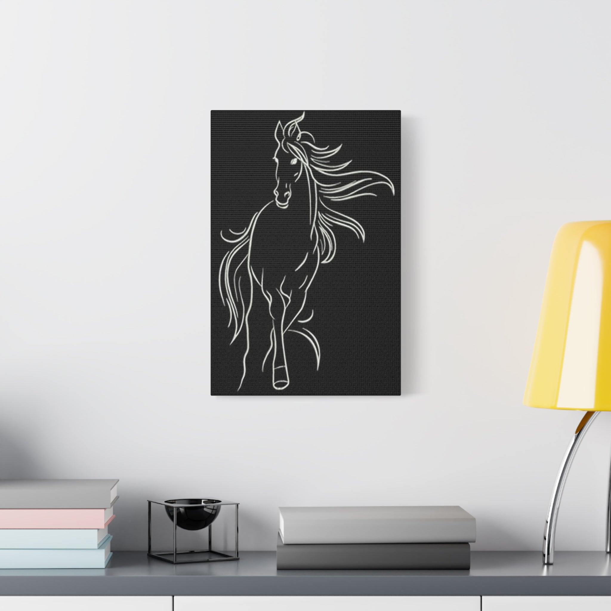Black Minimalist Horse Canvas - White Line Art Matte Stretched Wall Art 
