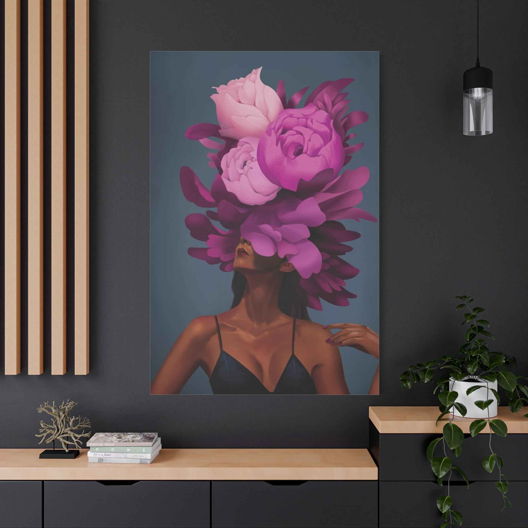Floral Portrait Canvas Print — Woman with Oversized Pink Peony Hat (Matte Stretched) - TheKaraHan