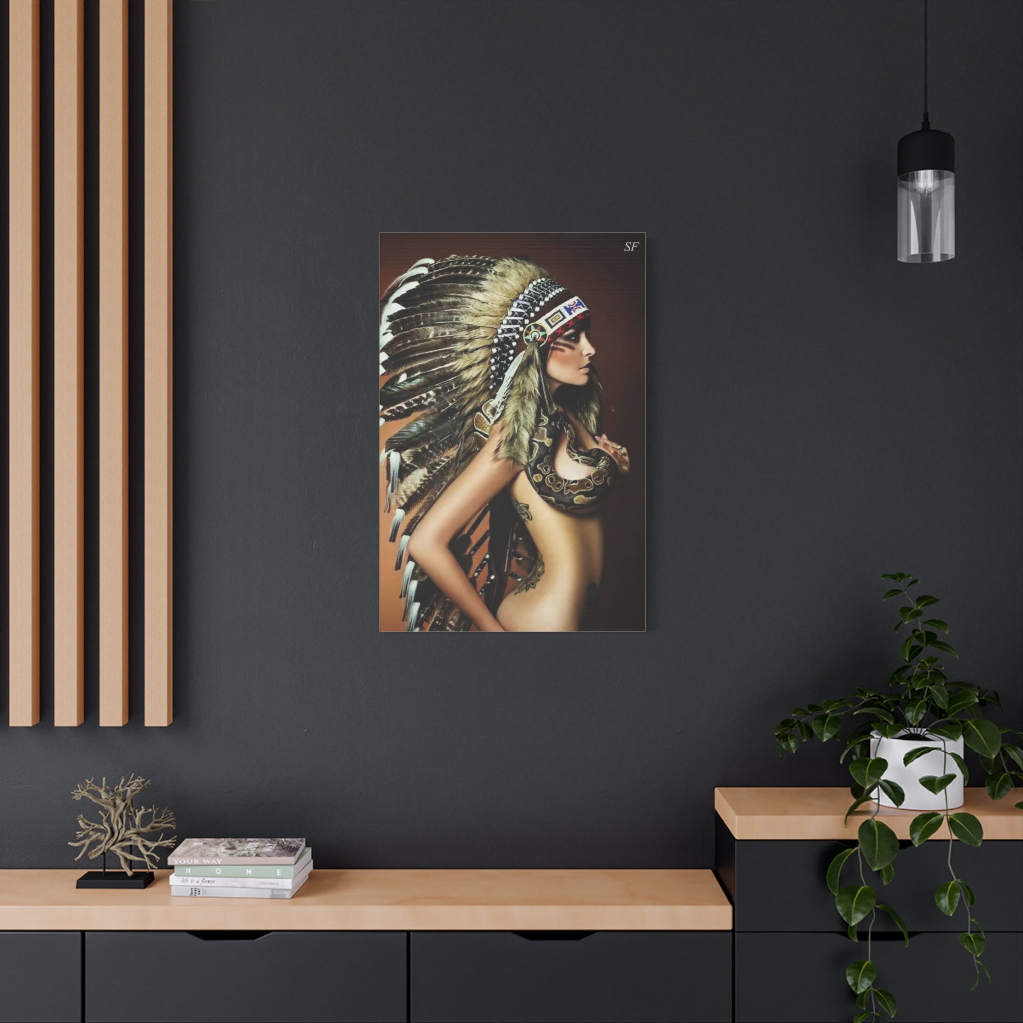 Bohemian Headdress Canvas Print — Native-Inspired Woman with Snake Wall Art 