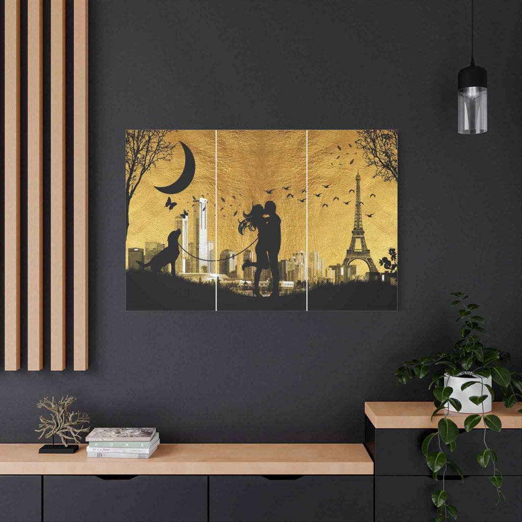 Romantic Paris Wall Art - Couple Triptych Canvas with Eiffel Tower Decor