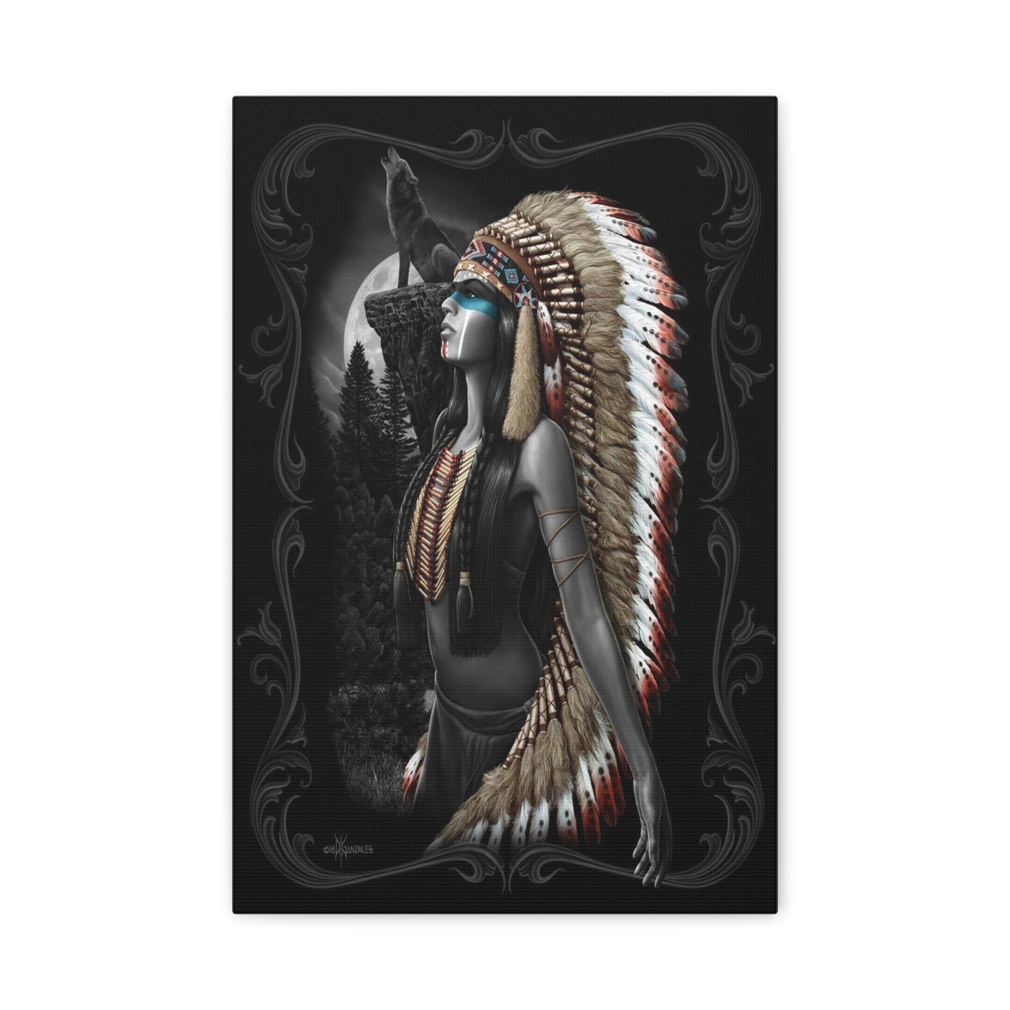 Native Spirit Matte Canvas Wall Art - Chief Headdress Portrait 