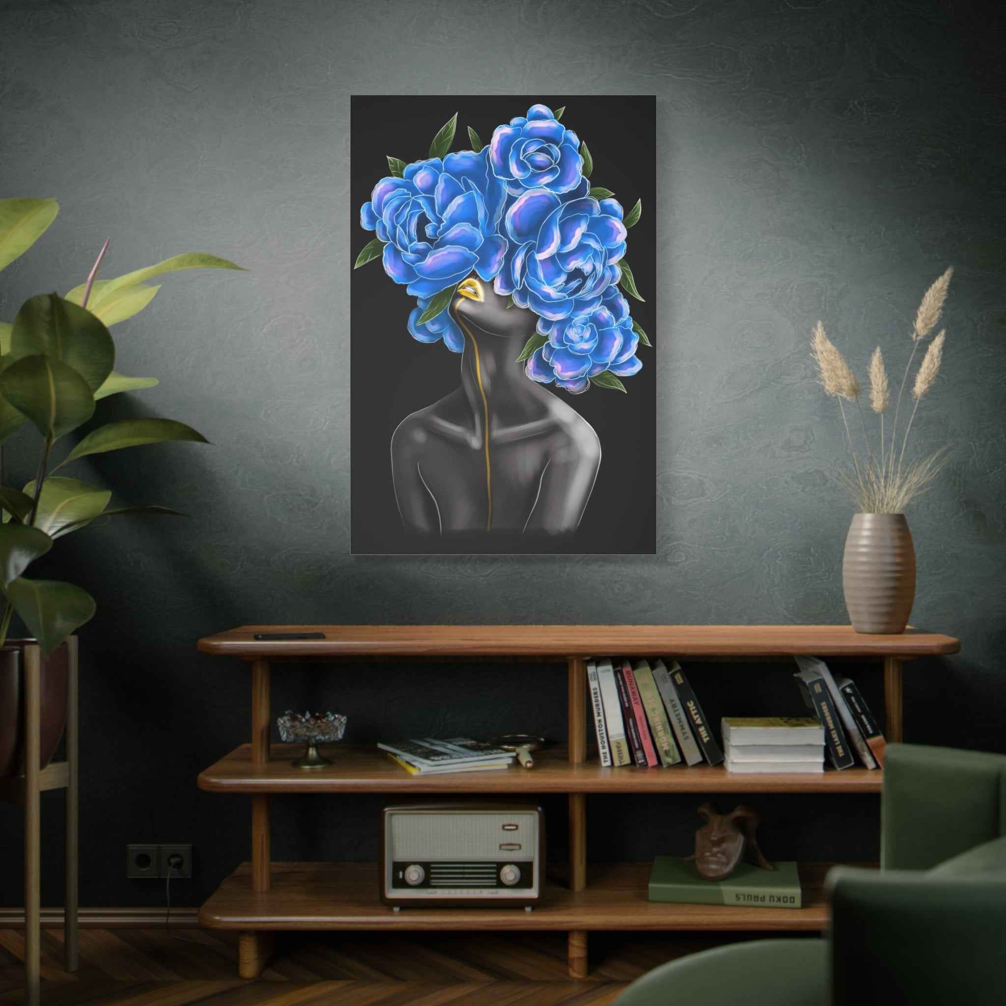 Blue Floral Woman Canvas Wall Art – Abstract Female Portrait,