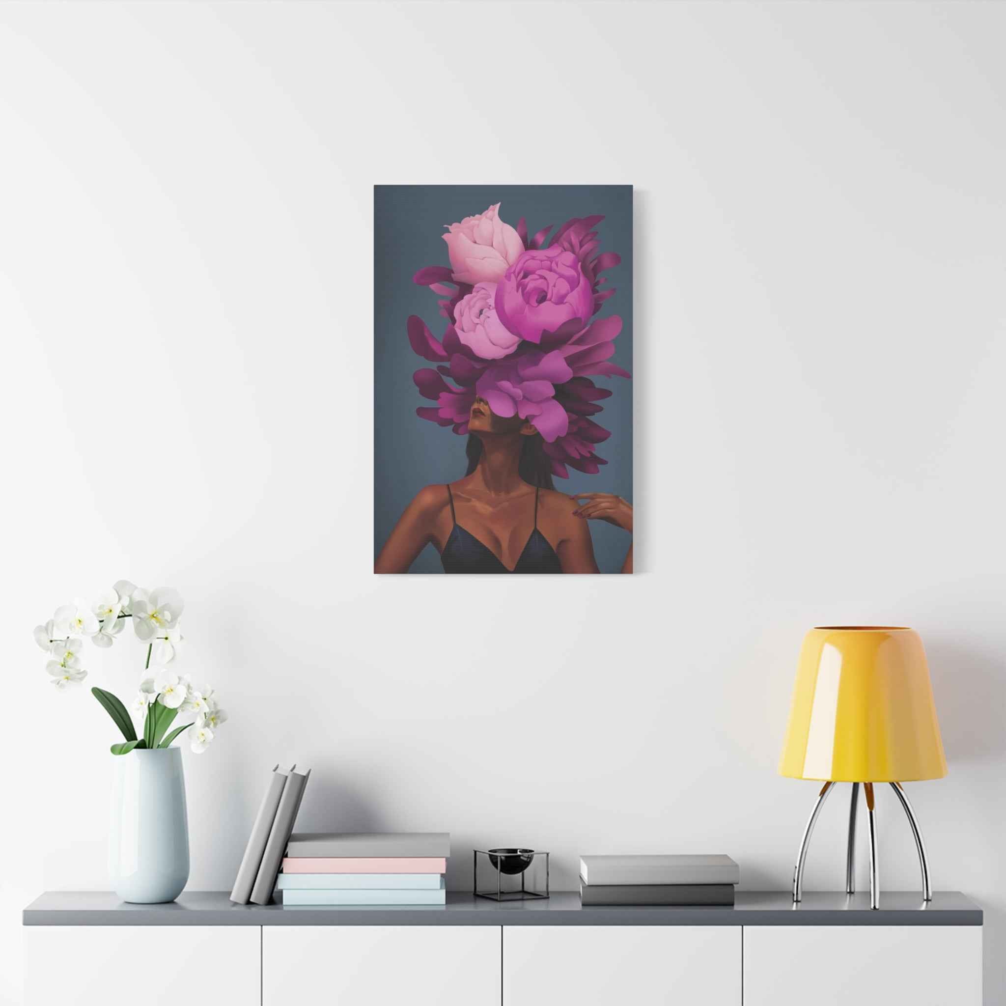 Floral Portrait Canvas Print — Woman with Oversized Pink Peony Hat (Matte Stretched) - TheKaraHan