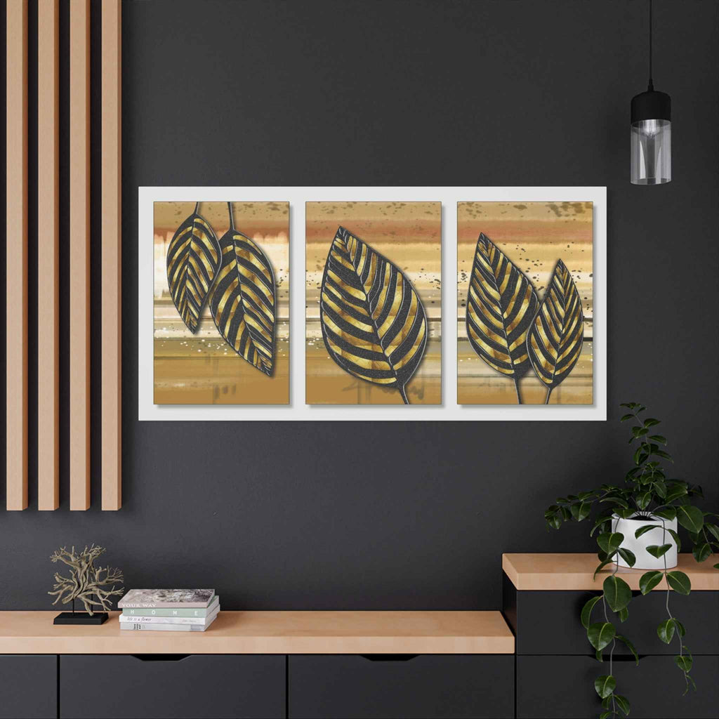 Golden Black Botanical Leaf Triptych Canvas Wall Art – Luxury Wall Decor