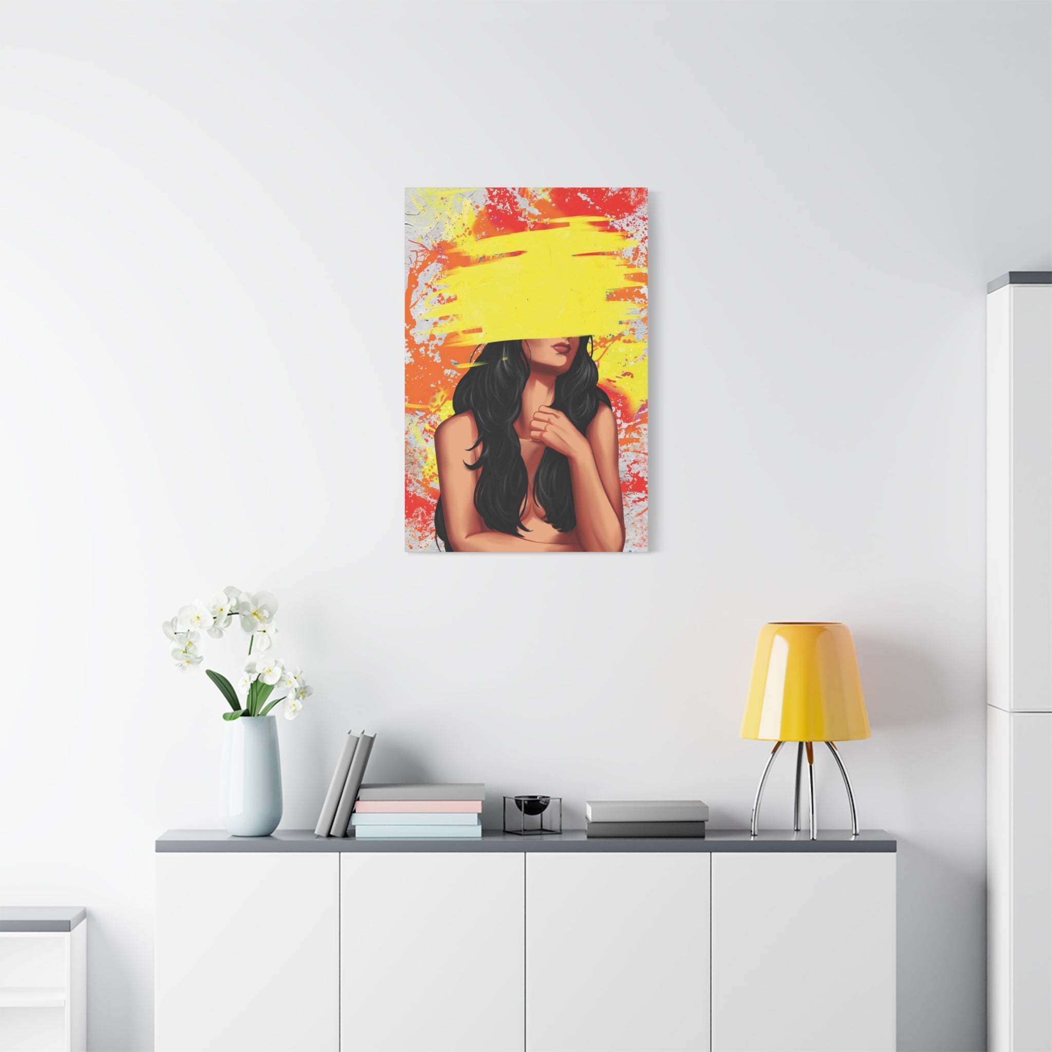 Abstract Femme Nude Canvas Art – Yellow Paint Stroke Portrait 