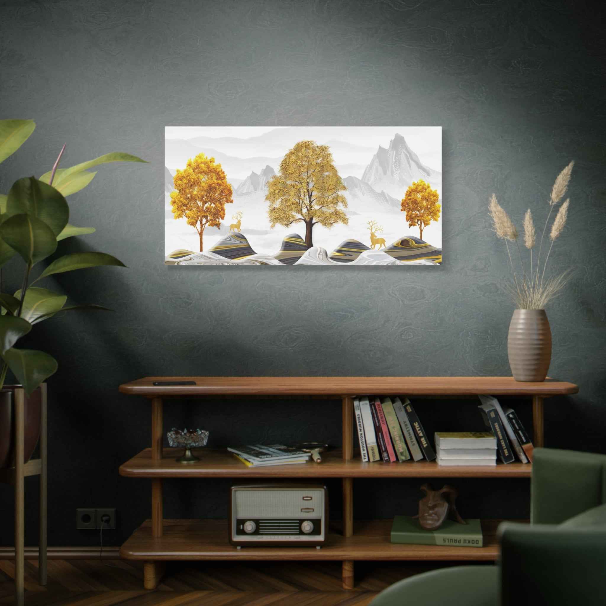Golden Tree Landscape Canvas Wall Art – Minimalist Mountain Nature Print