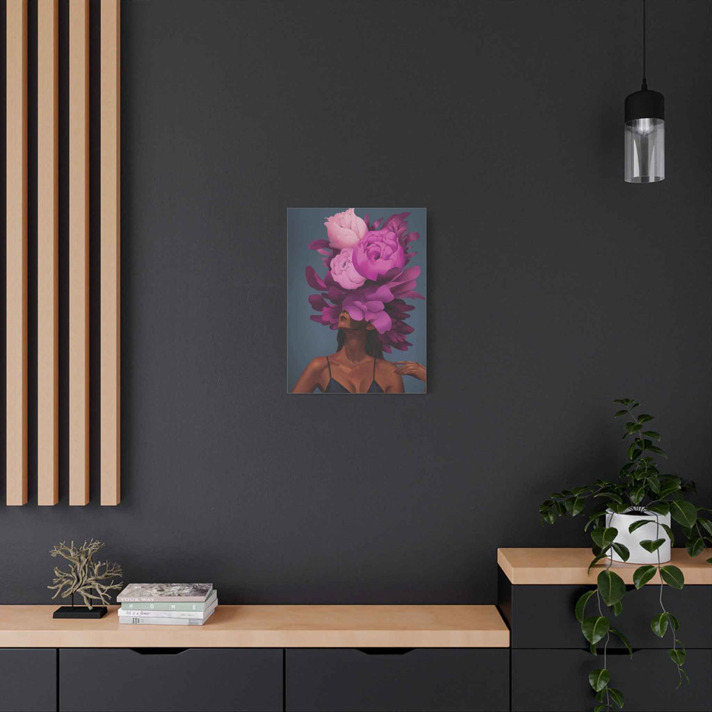 Floral Portrait Canvas Print — Woman with Oversized Pink Peony Hat (Matte Stretched) - TheKaraHan