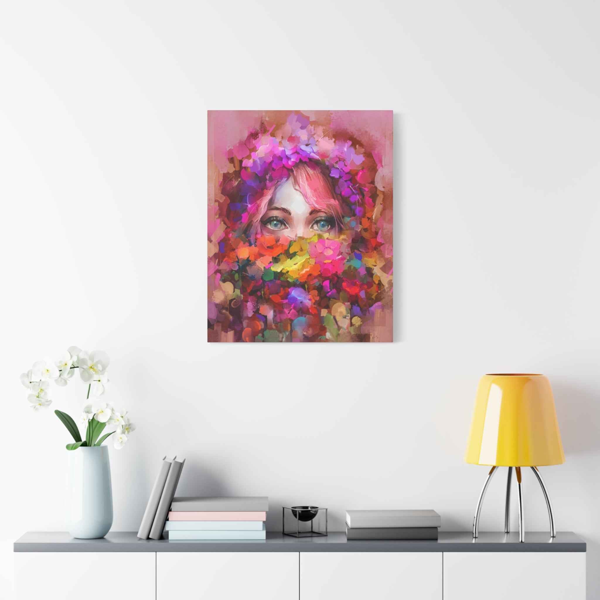 Colorful Abstract Woman Canvas Wall Art – Modern Floral Portrait Painting for Living Room Decor